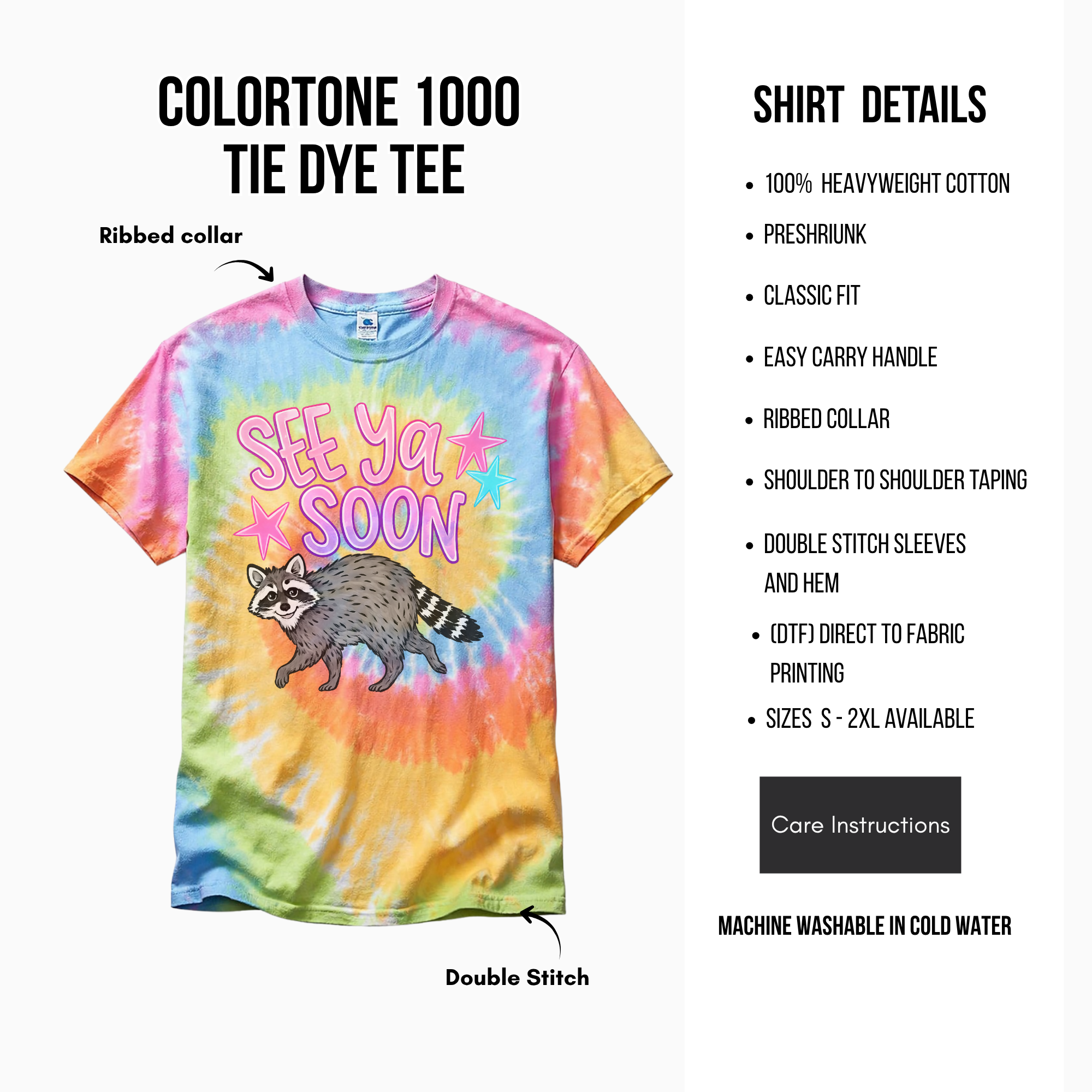 Tie-dye t-shirt with raccoon graphic and text 'See Ya Soon' on a white background with product details.