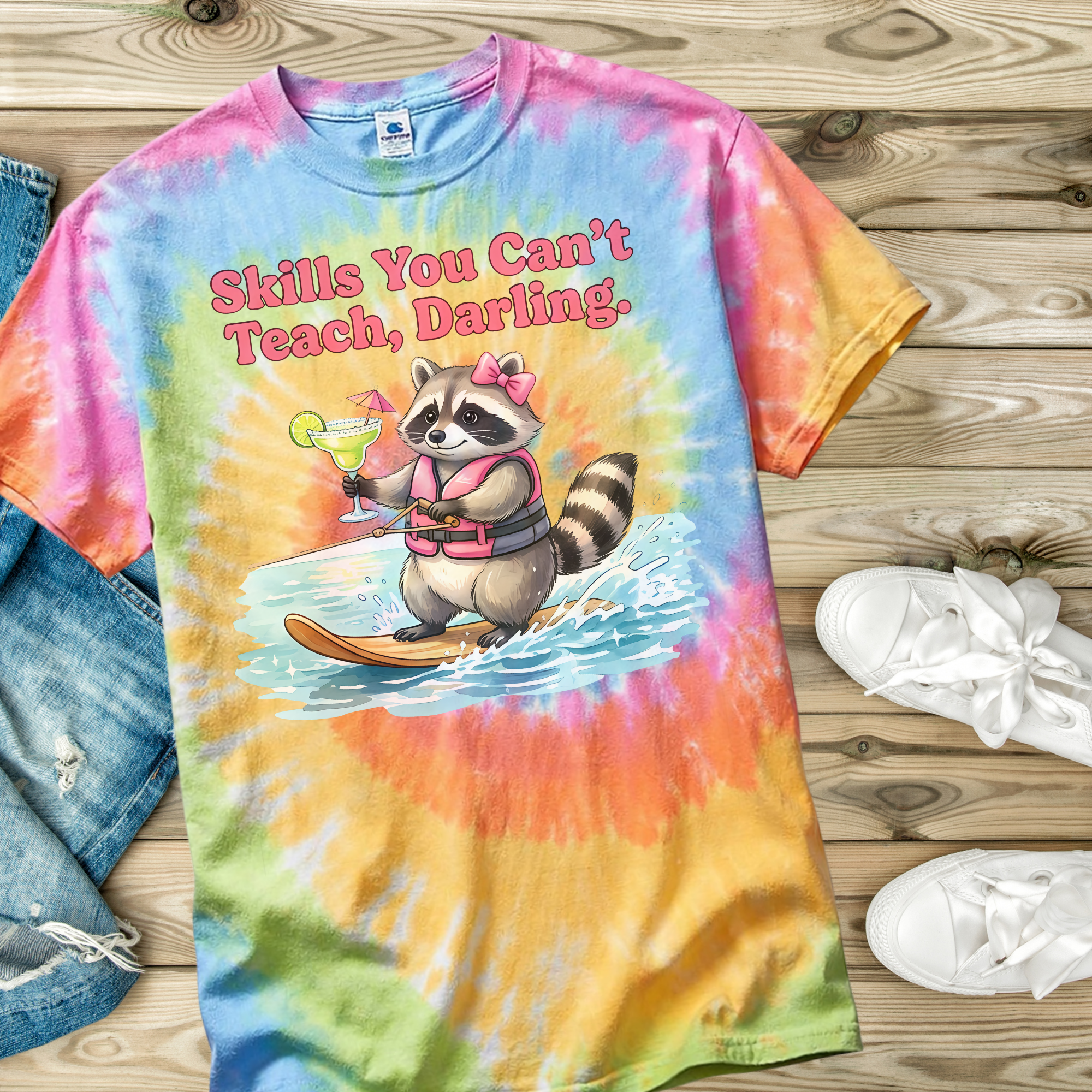 Colorful tie-dye t-shirt with a raccoon graphic and text on a wooden surface.