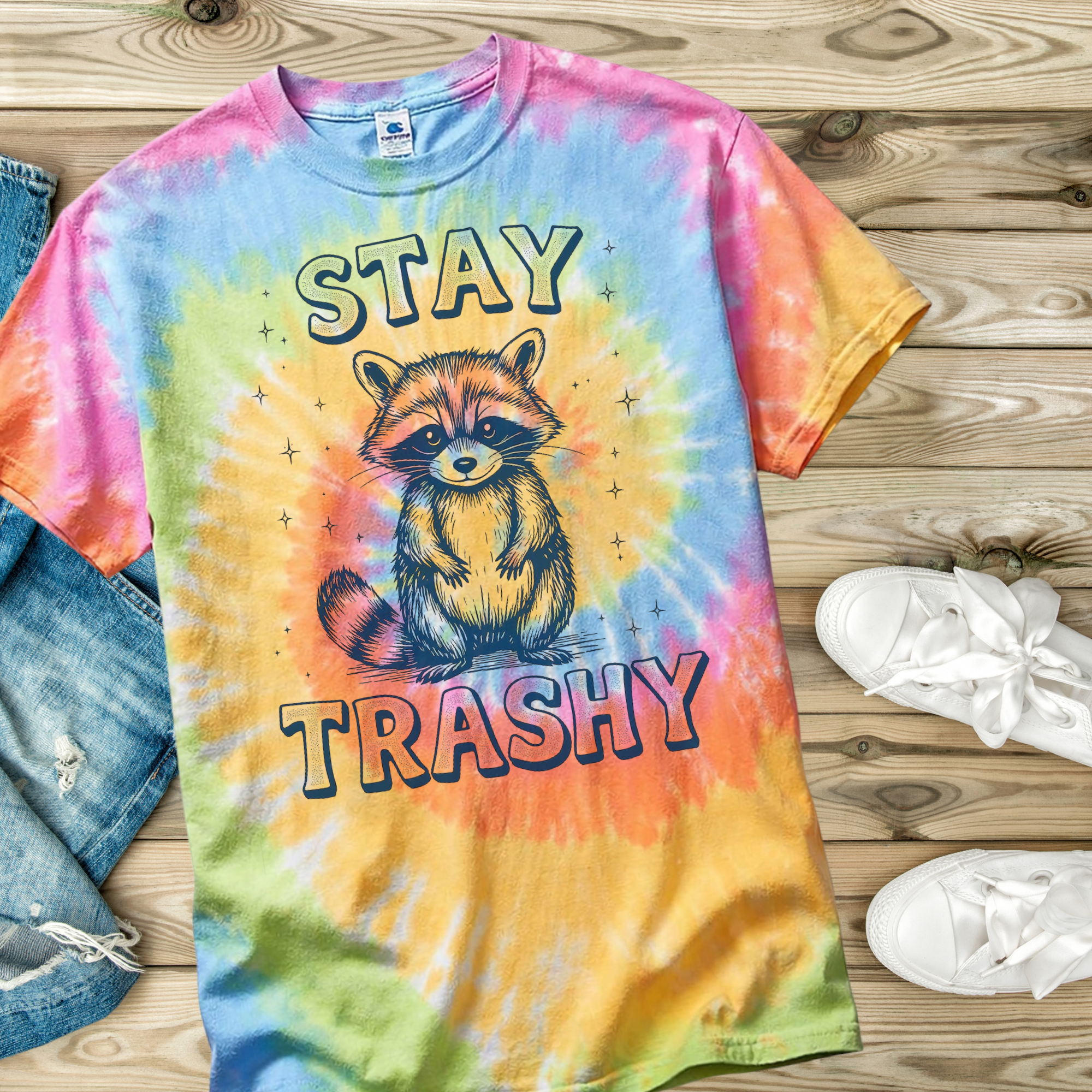 Tie-dye t-shirt with raccoon graphic and 'Stay Trashy' text on a wooden surface.