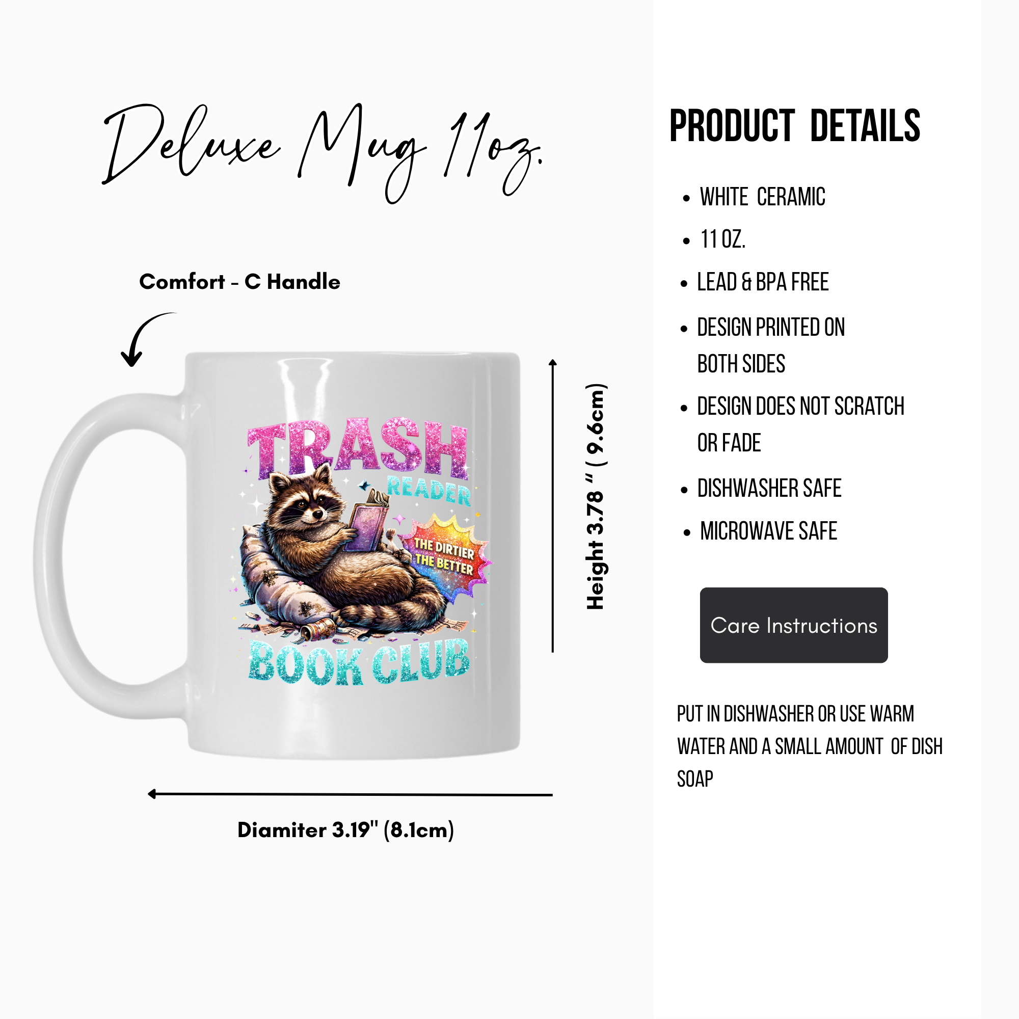 White mug with raccoon design and text, featuring product details on a white background.