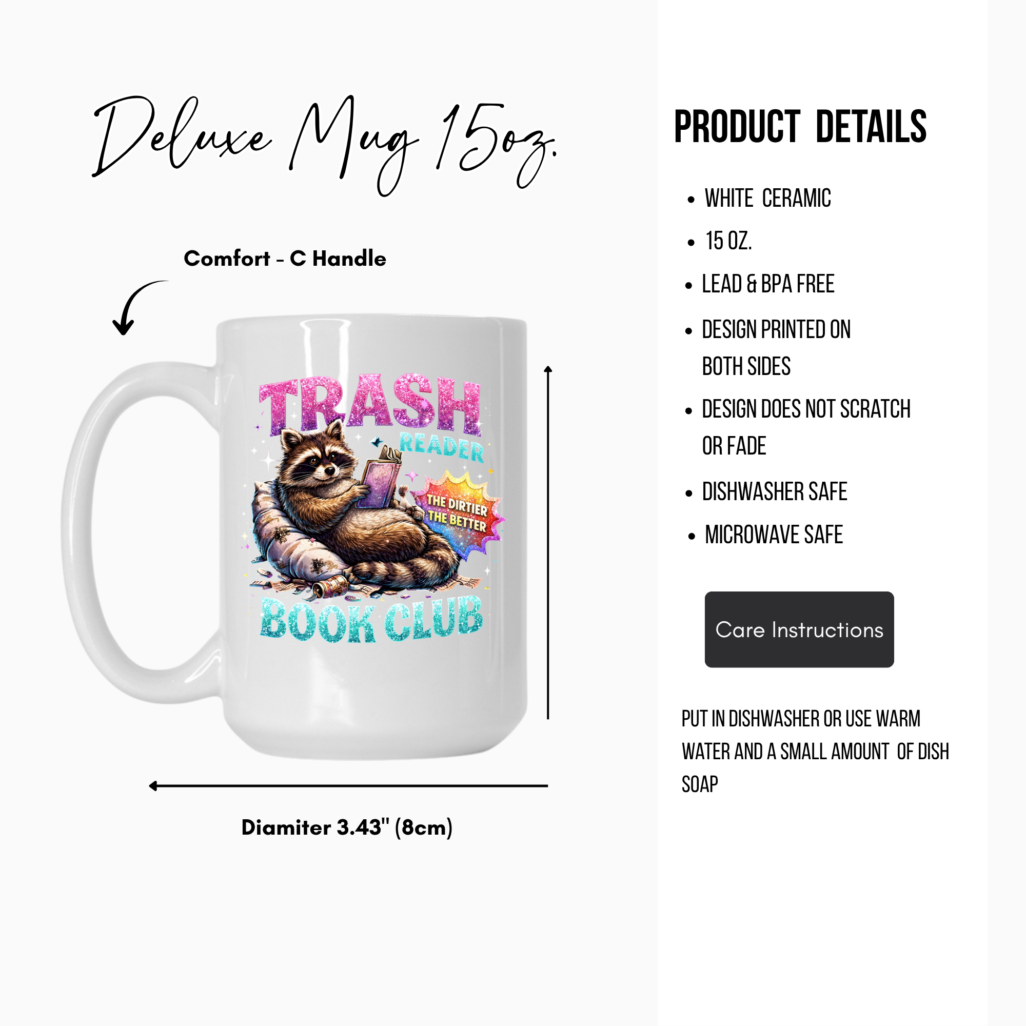 White mug with raccoon design and text 'Trash Book Club' on a white background with product details.