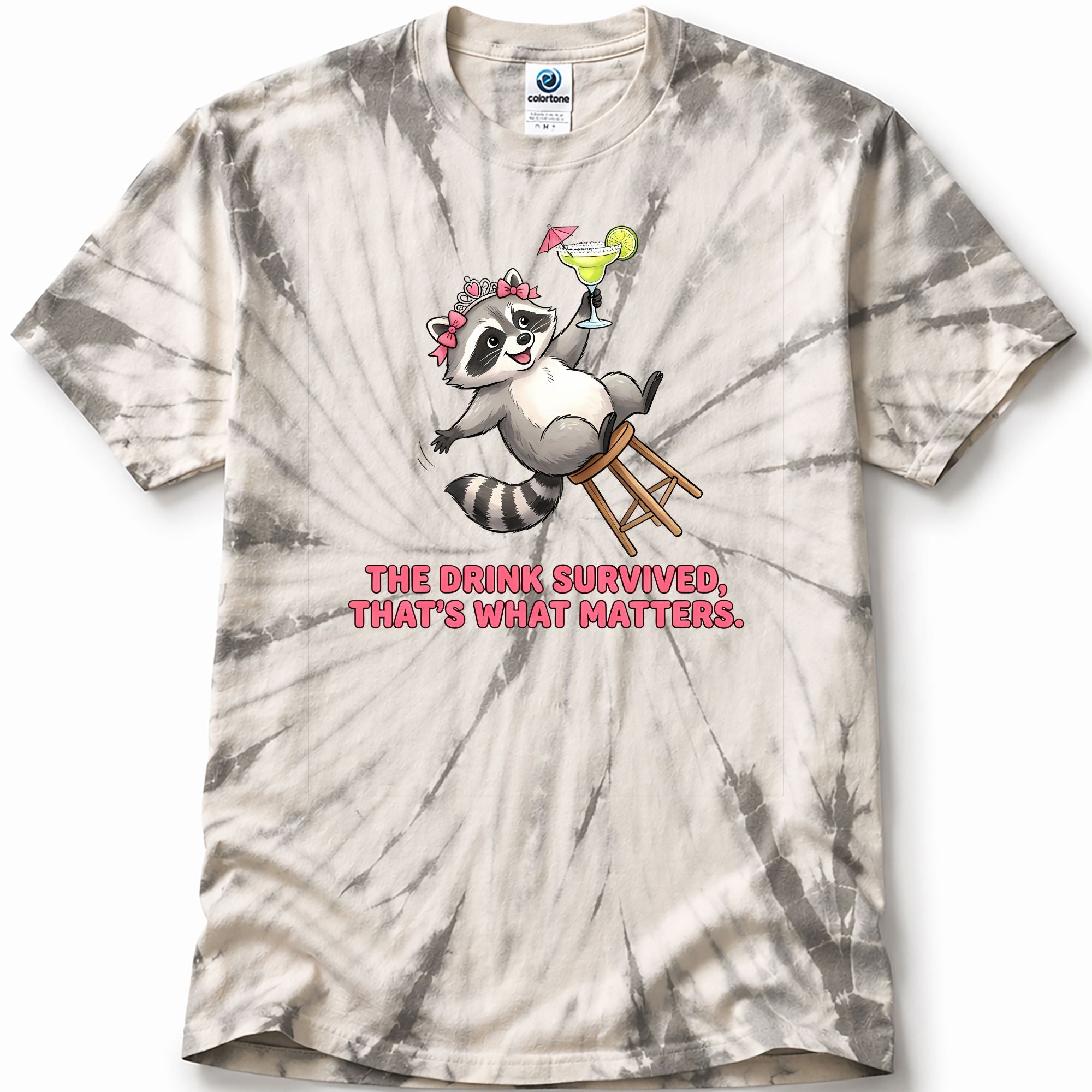 Tie-dye t-shirt in the color Spider Silver with a raccoon graphic and text on a white background
