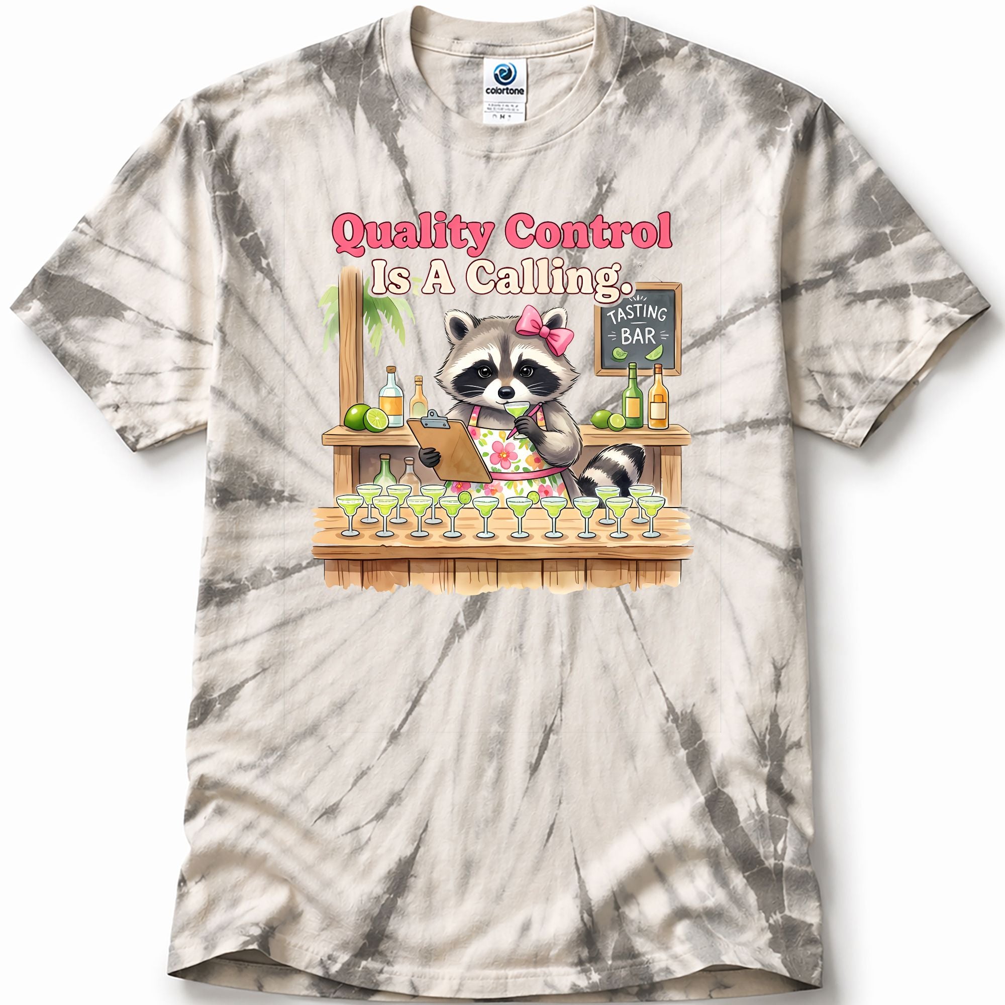Tie-dye t-shirt with a raccoon at a bar and 'Quality Control Is A Calling' text on a white background