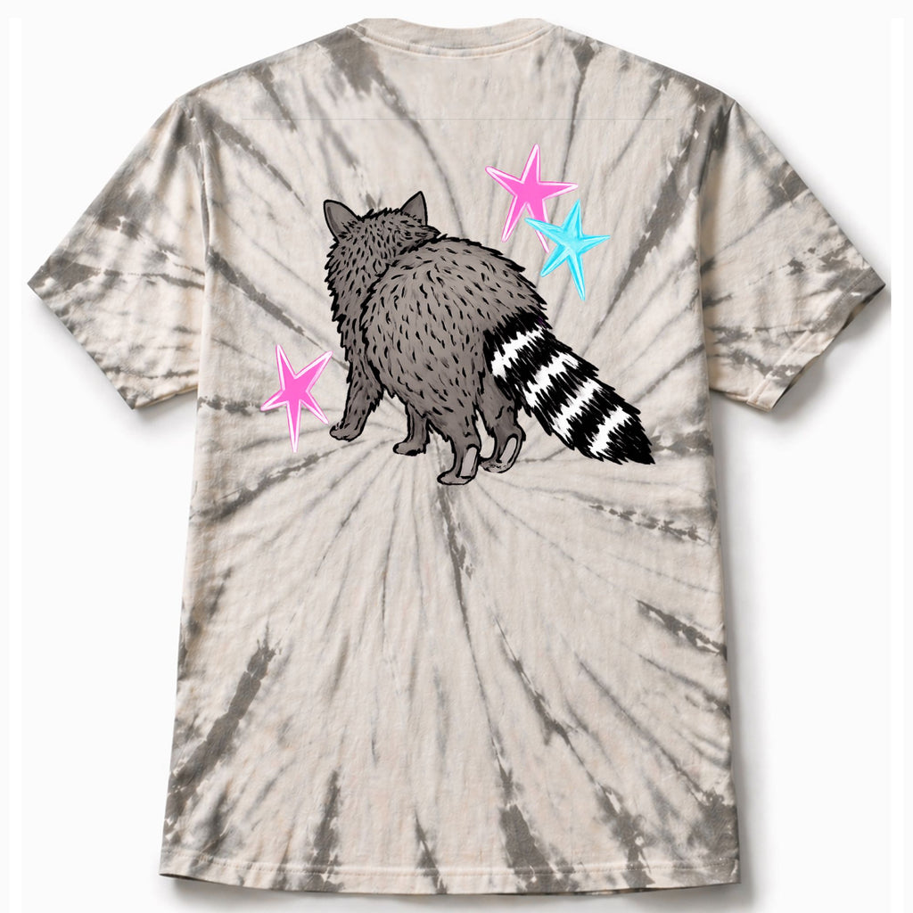 Tie-dye t-shirt with a raccoon graphic and stars on a white background