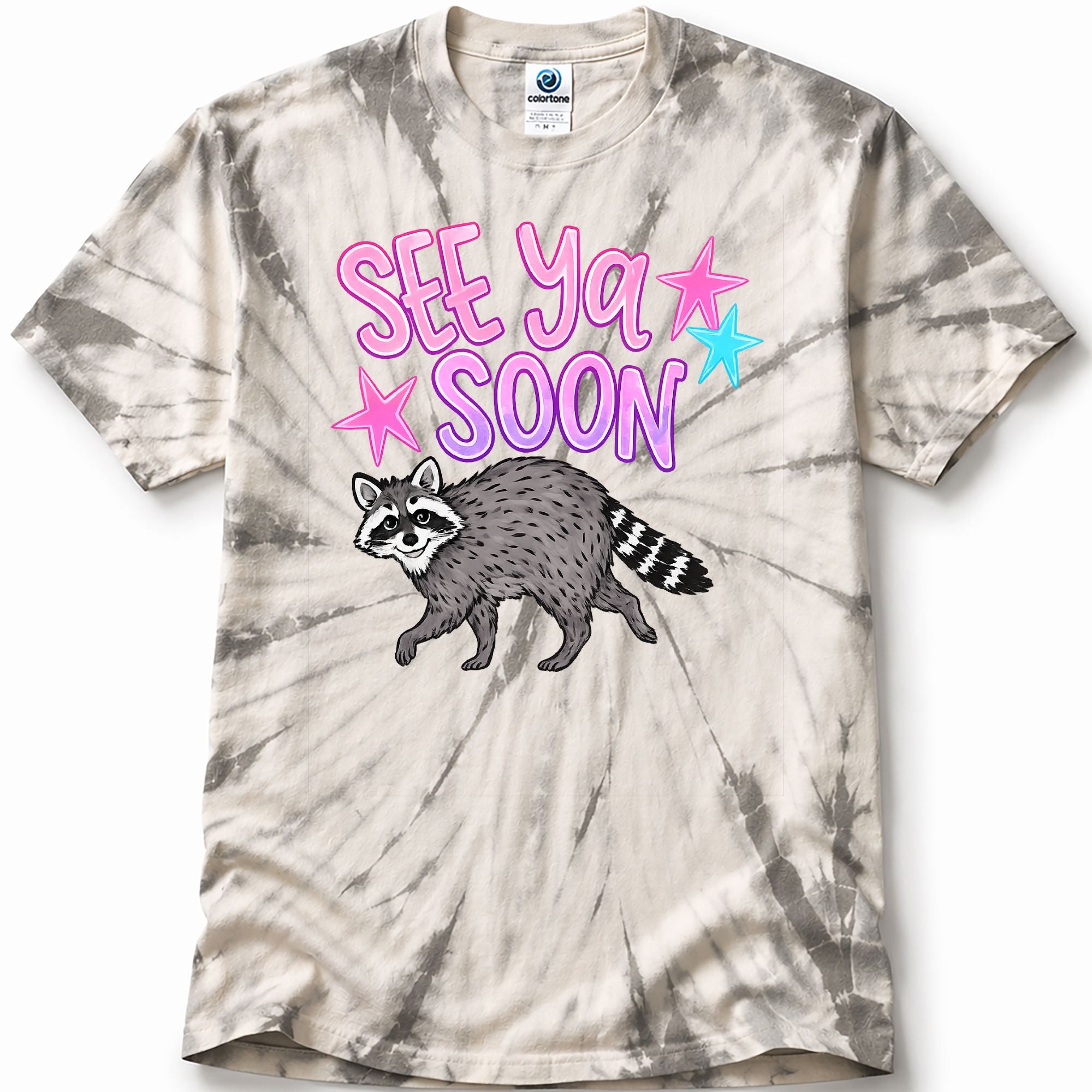 Tie-dye t-shirt with raccoon graphic and 'See Ya Soon' text on a white background