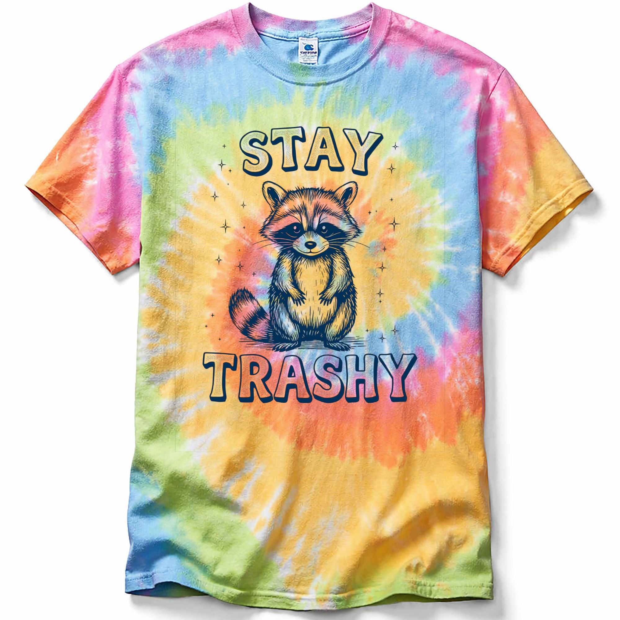Tie-dye t-shirt with raccoon graphic and 'Stay Trashy' text on a white background