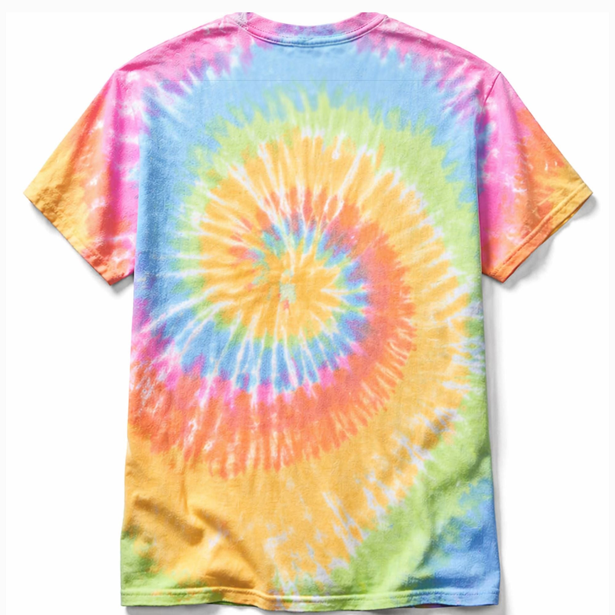 Back side of a colorful tie-dye t-shirt with a spiral pattern on a white background
