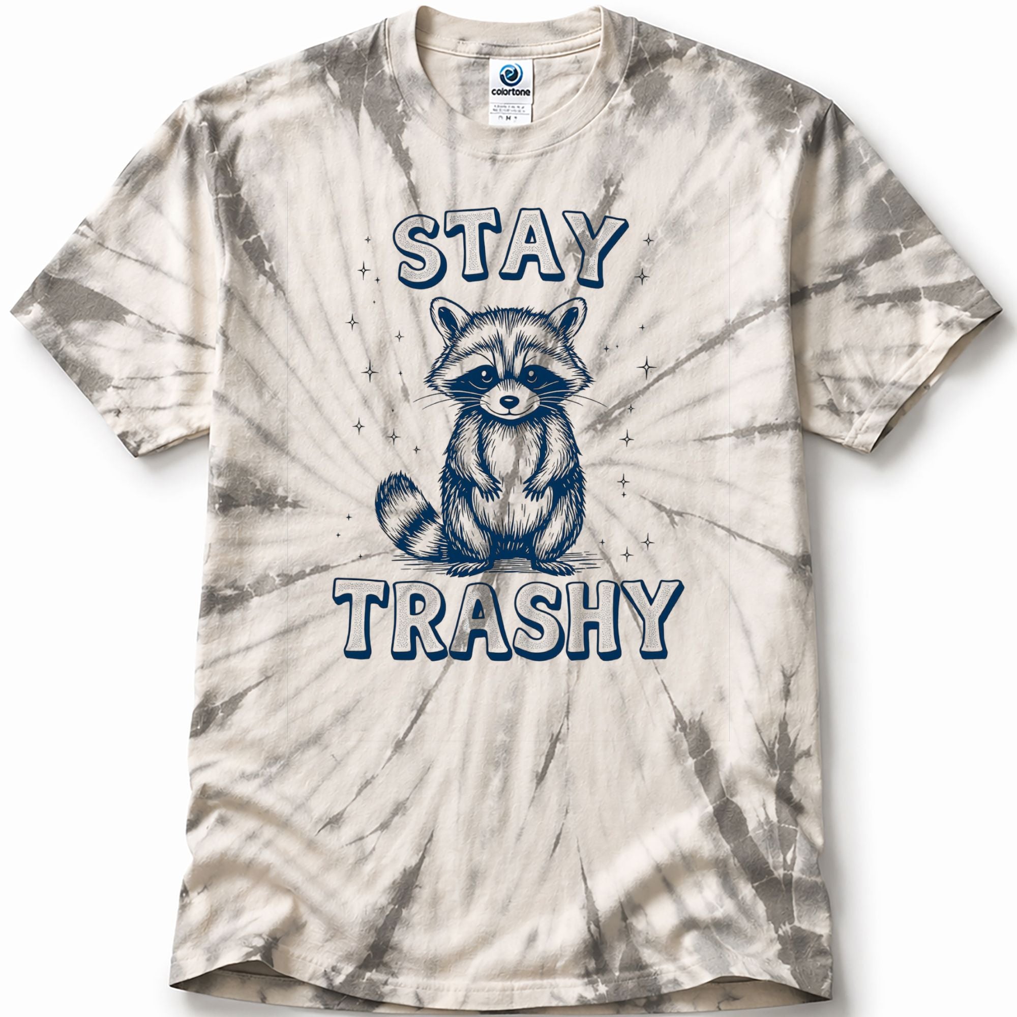 Tie-dye t-shirt with raccoon graphic and 'Stay Trashy' text on a white background