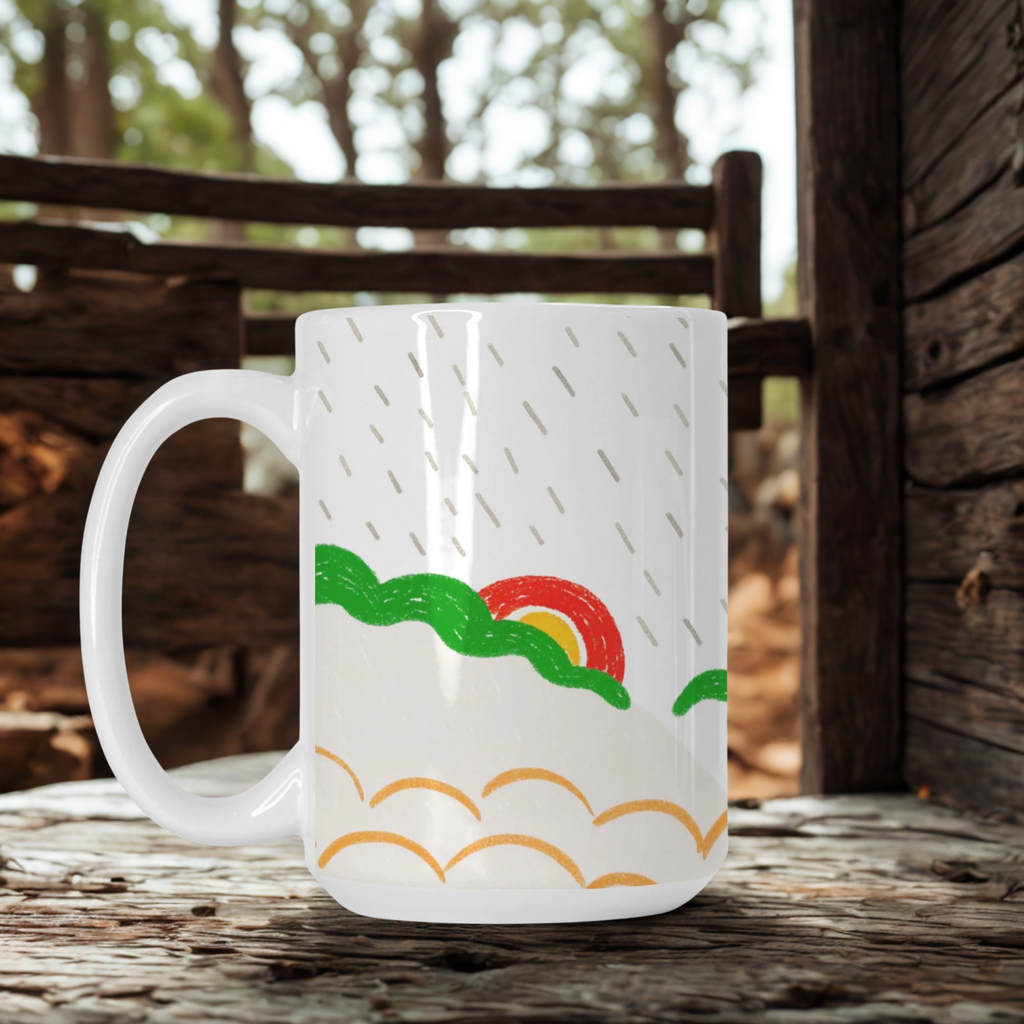 White mug with colorful design on a wooden surface outdoors