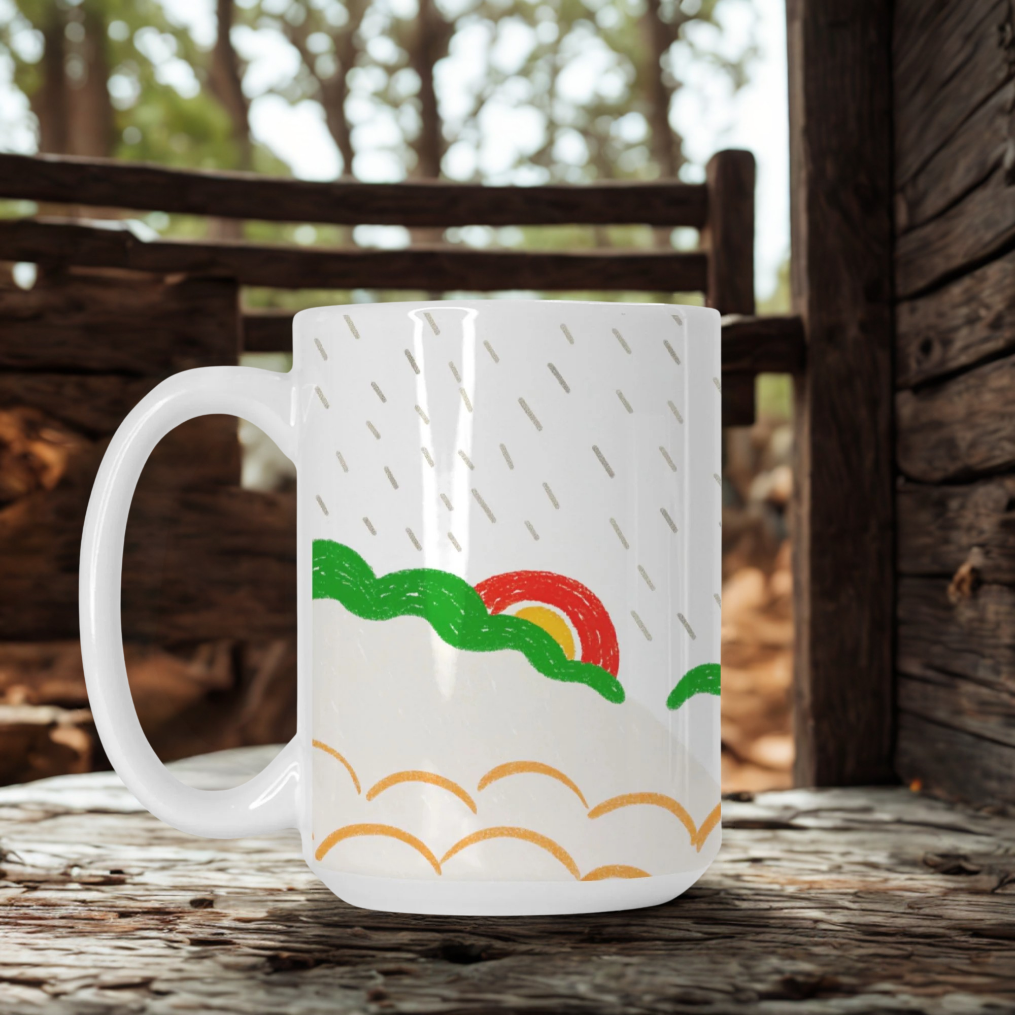 White mug with colorful design on a wooden surface outdoors