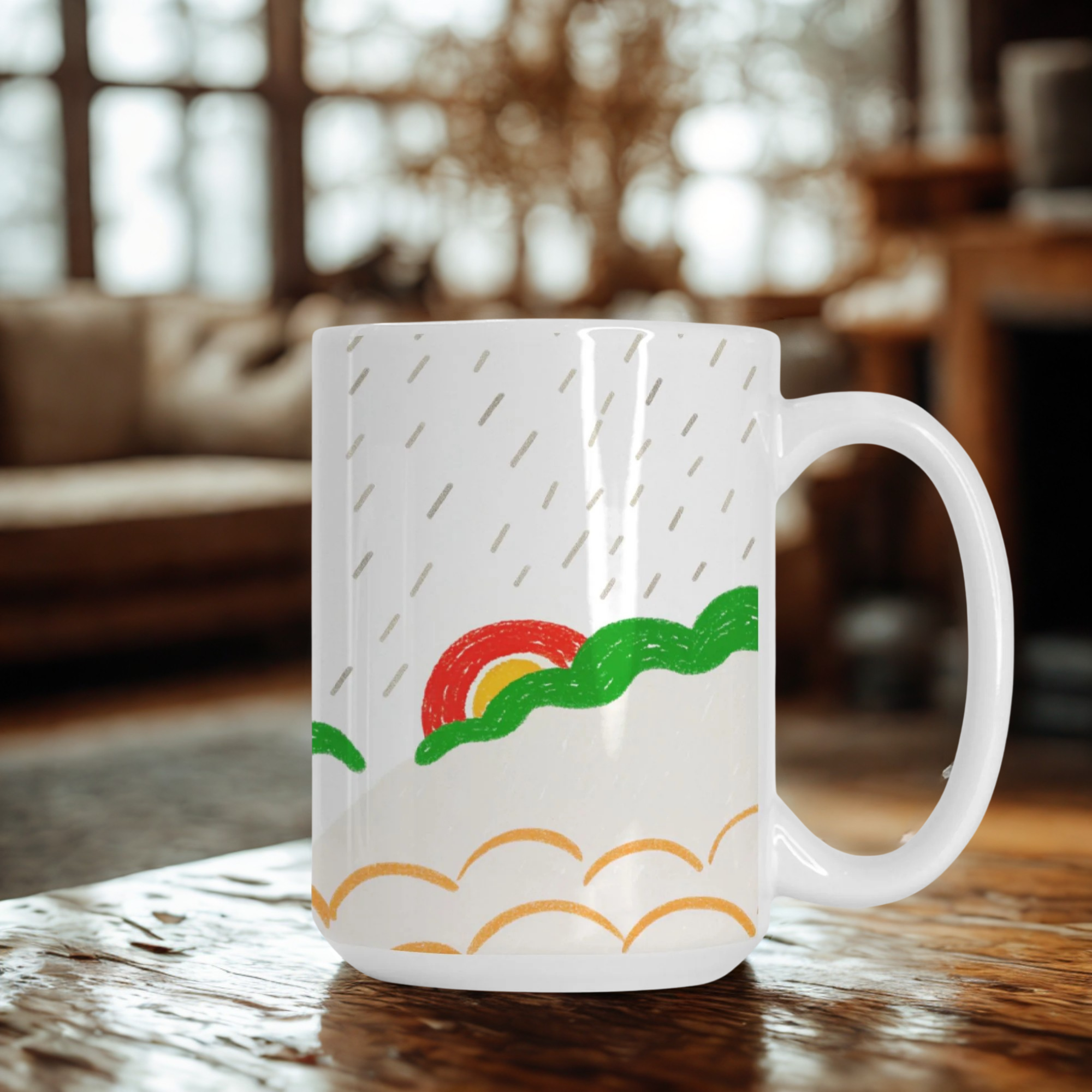White mug with rainbow and cloud design on a wooden table