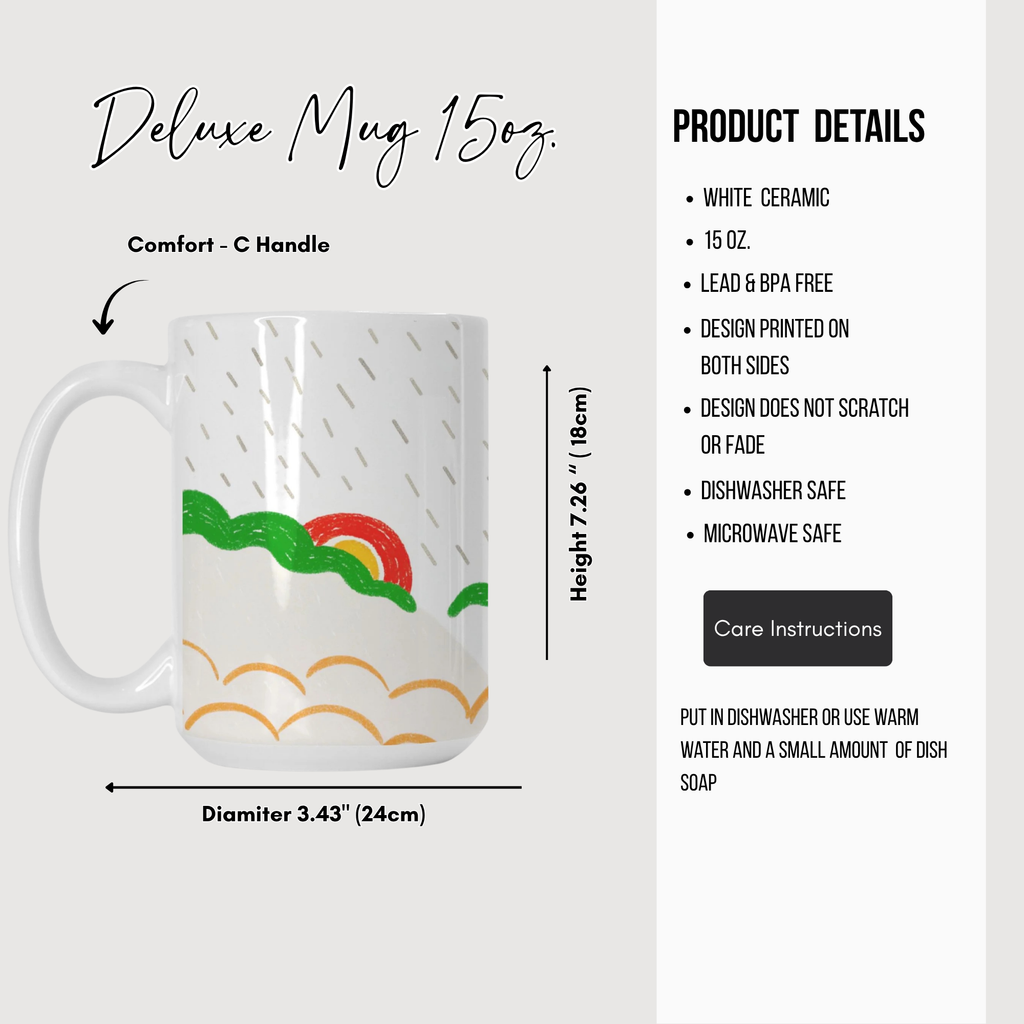 White ceramic mug with colorful design, featuring product details on a white background.