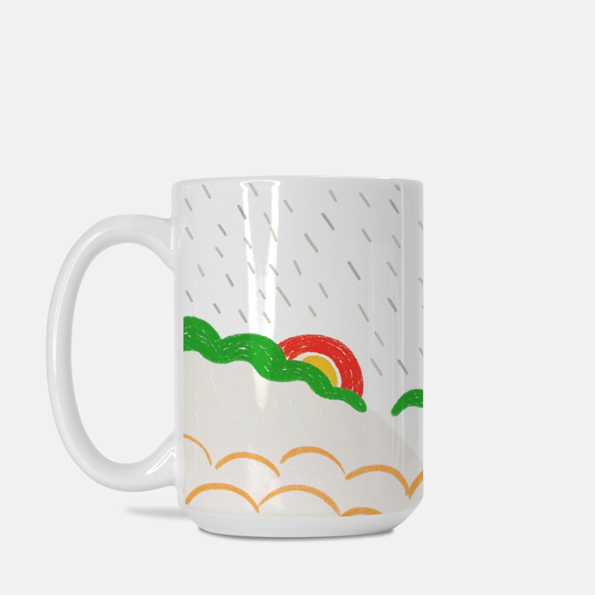 White mug with colorful cloud and rainbow design on a white background