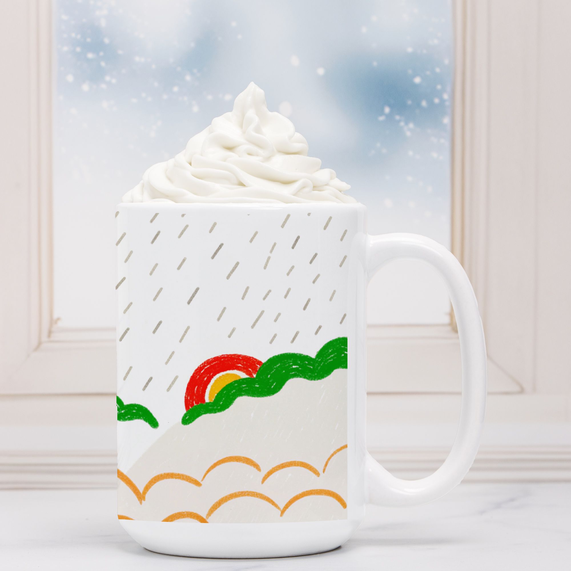 White mug with rainbow design against a snowy window background