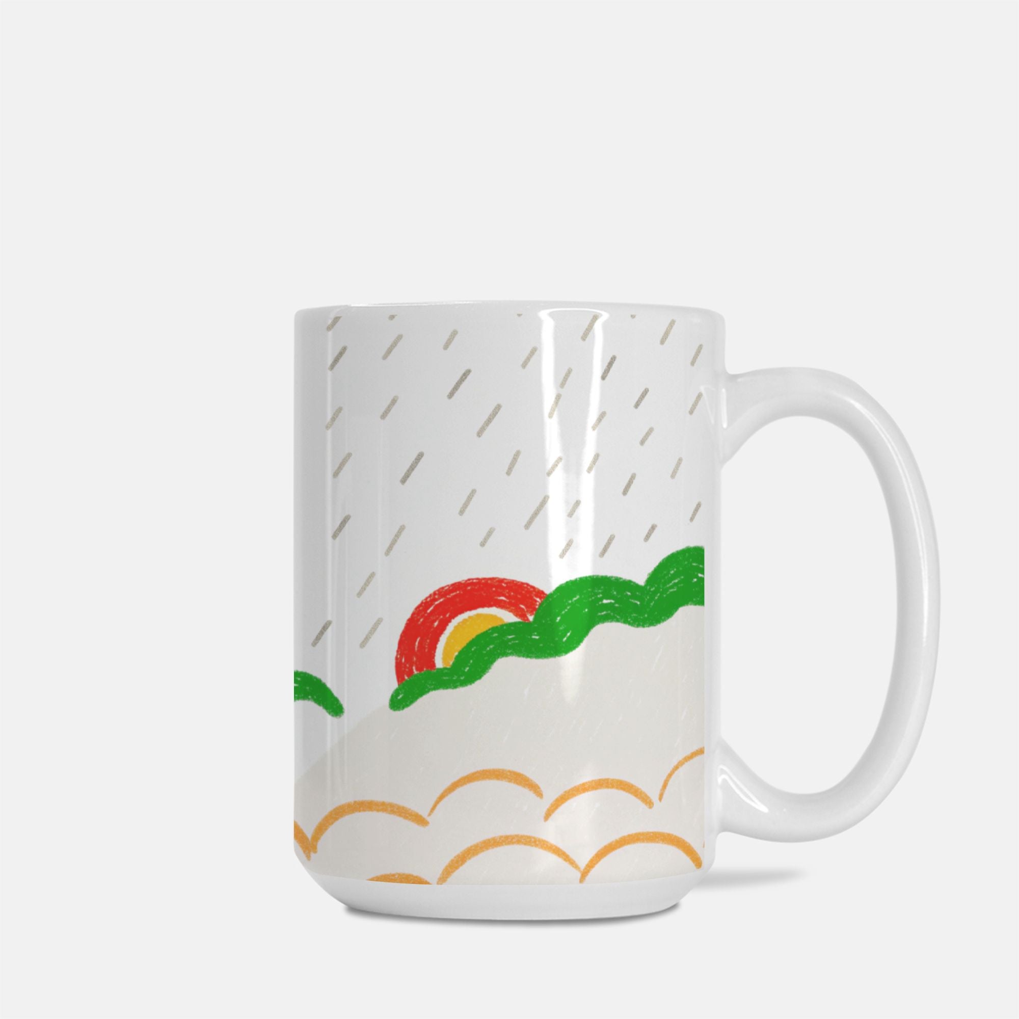 White mug with colorful rainbow and cloud design on a white background