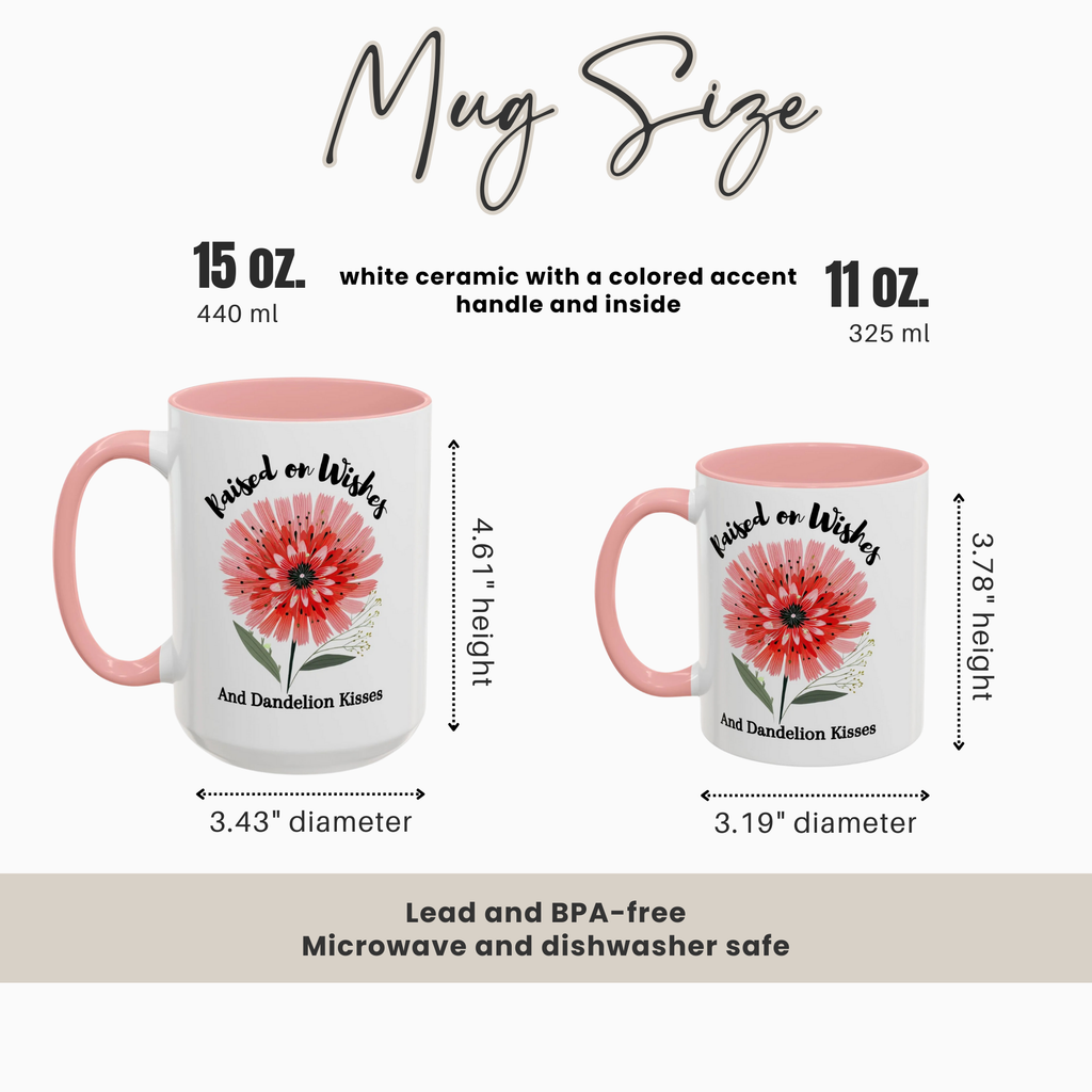 Two mugs 11 oz & 15oz  with floral design and text, showing size comparison and features.