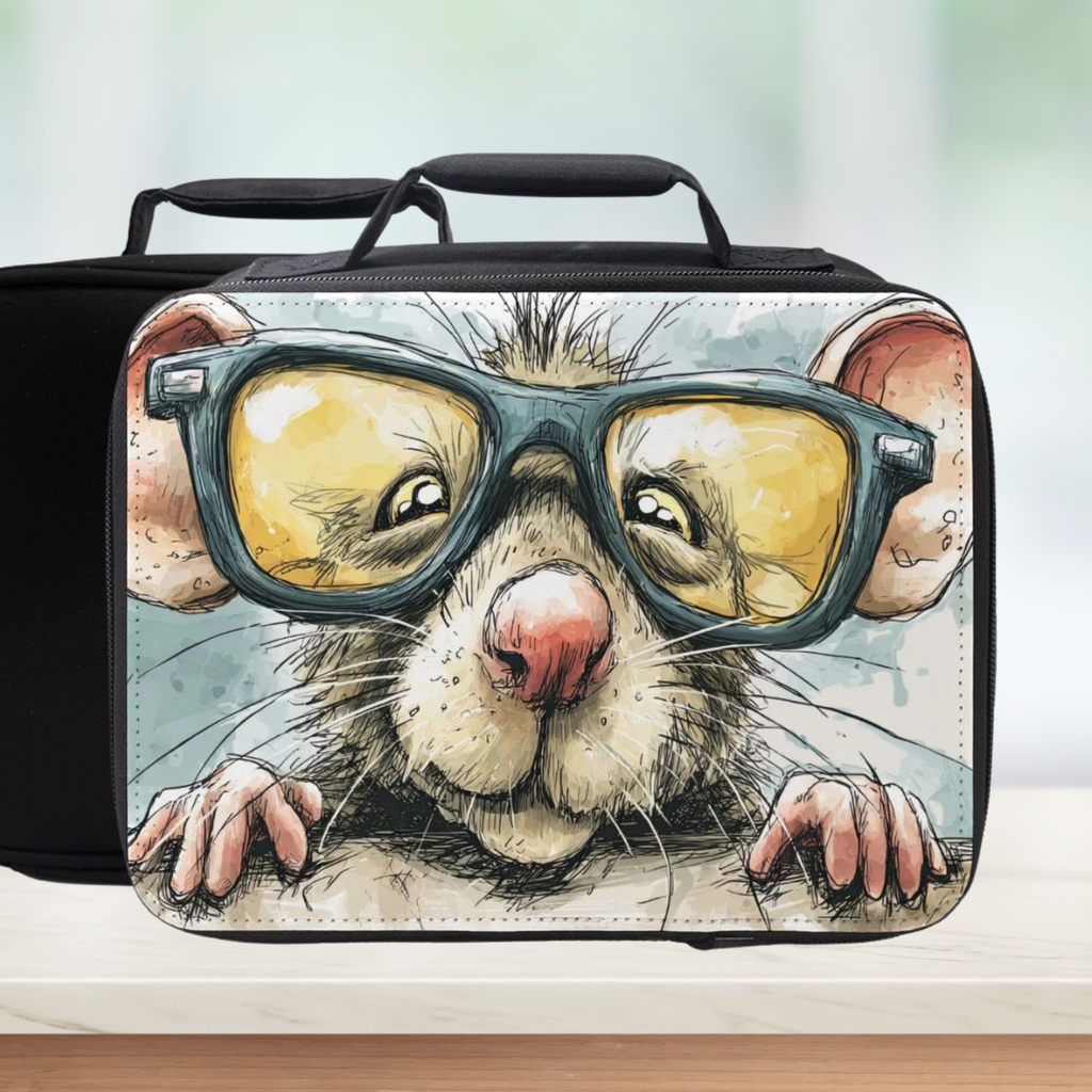 Black lunch bag with a design of a rat wearing glasses on a white background