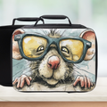 Black lunch bag with a design of a rat wearing glasses on a white background