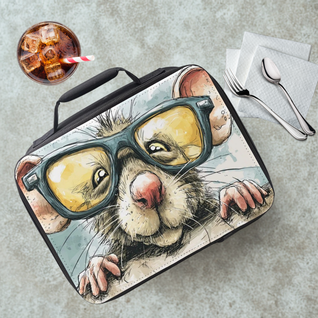 Lunch bag with a cartoon rat wearing glasses on a cafeteria table with a drink and utensils.