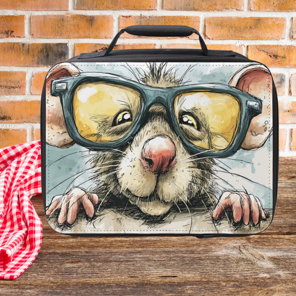 Lunch bag with a rat wearing glasses design on a wooden surface with a brick wall background.