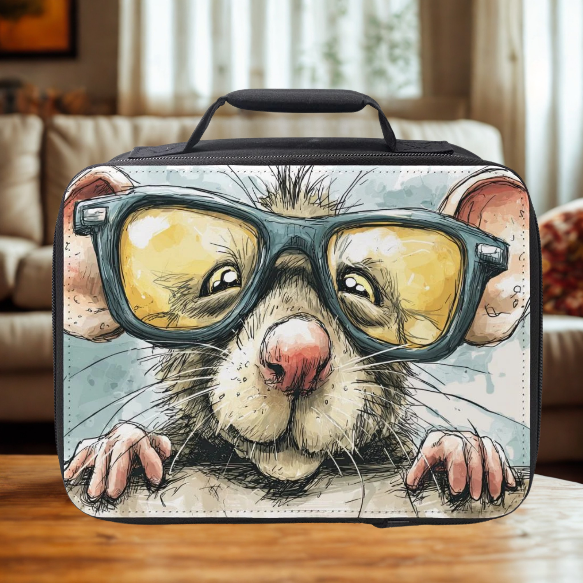  lunch box with a design of a cartoon rat wearing glasses on a wooden coffee table in a living room.