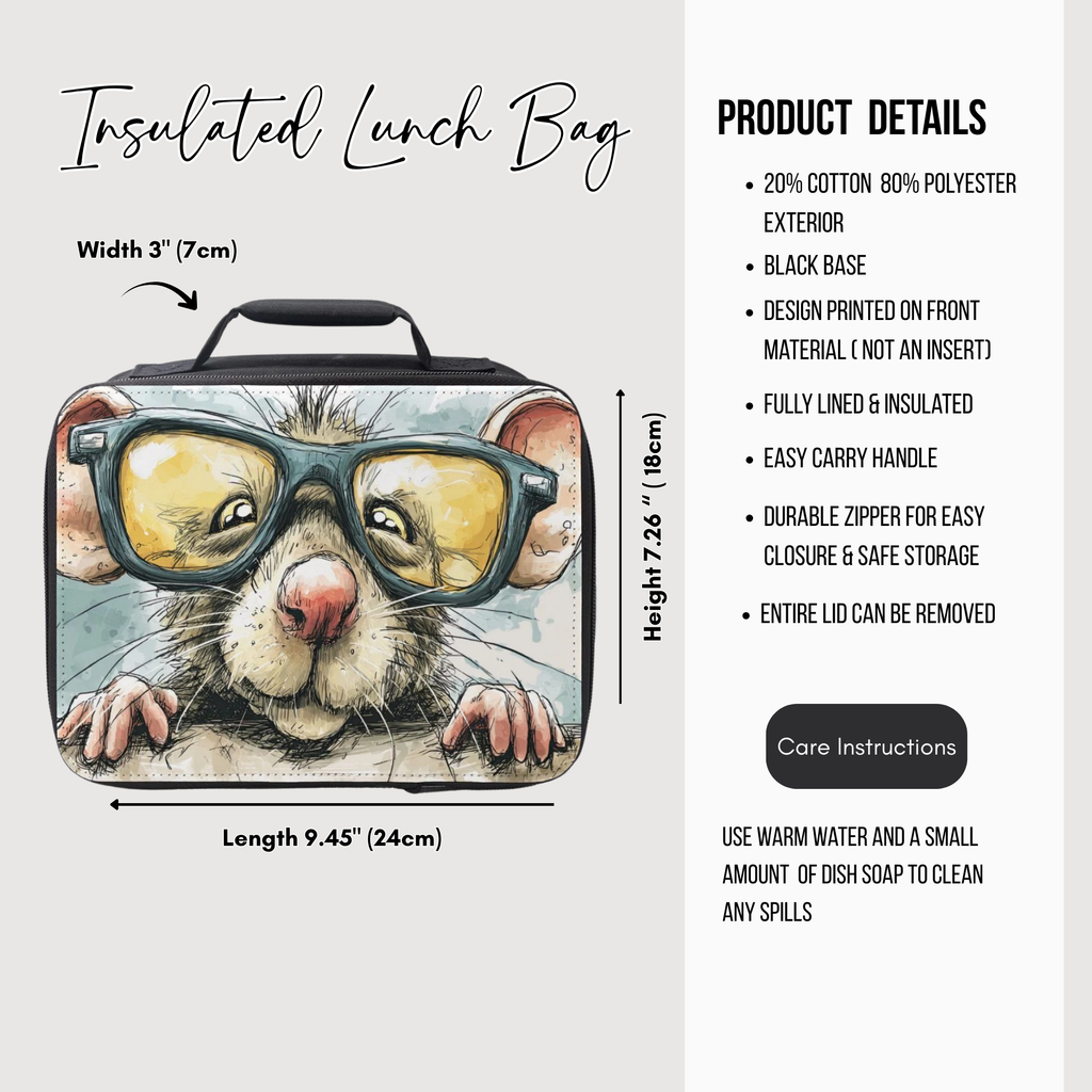 Insulated lunch bag with a cartoon rat design and product details on a white background