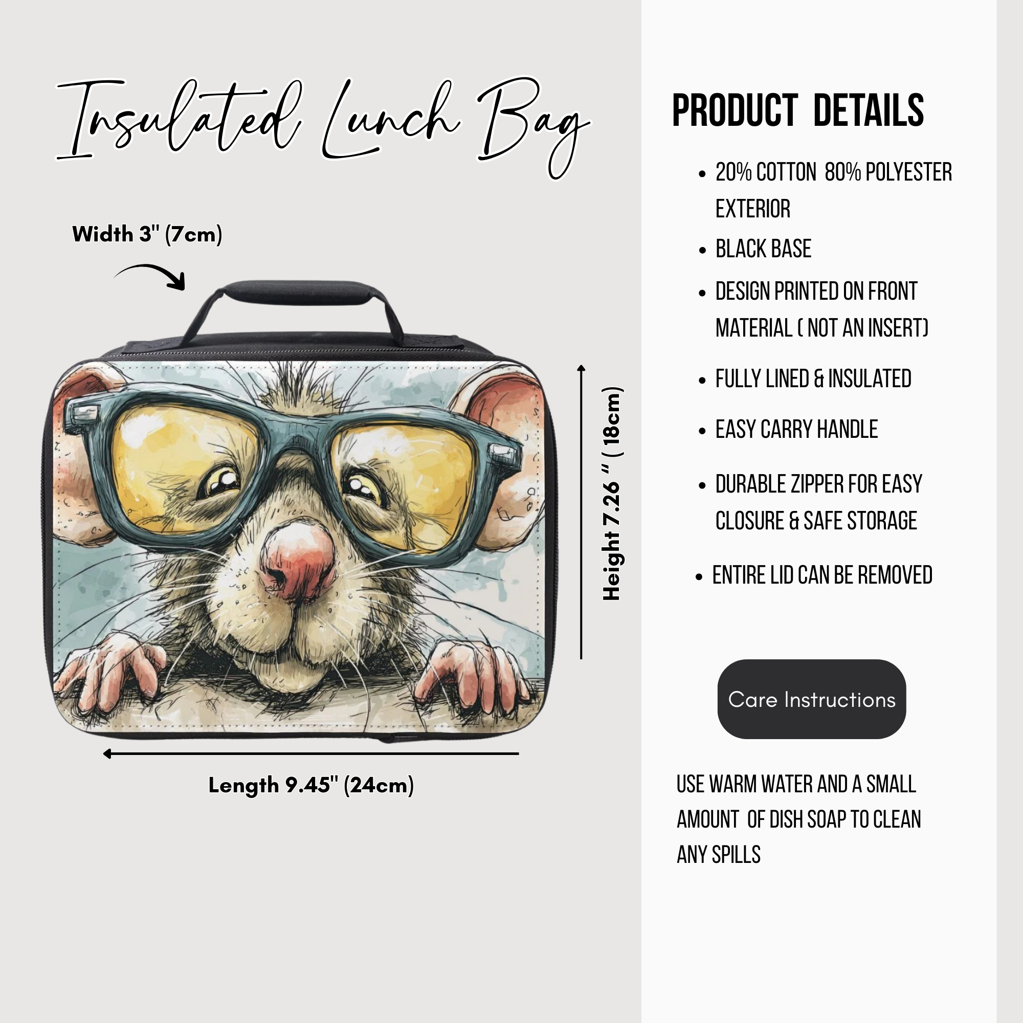 Insulated lunch bag with a cartoon rat design and product details on a white background