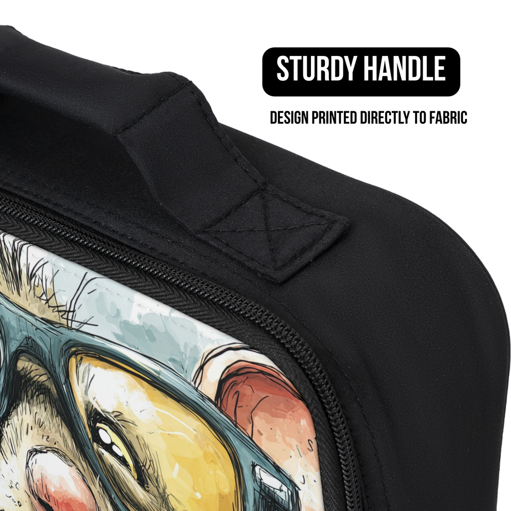 Black lunch bag with a design of a character wearing glasses, featuring a sturdy handle and text indicating design on fabric.