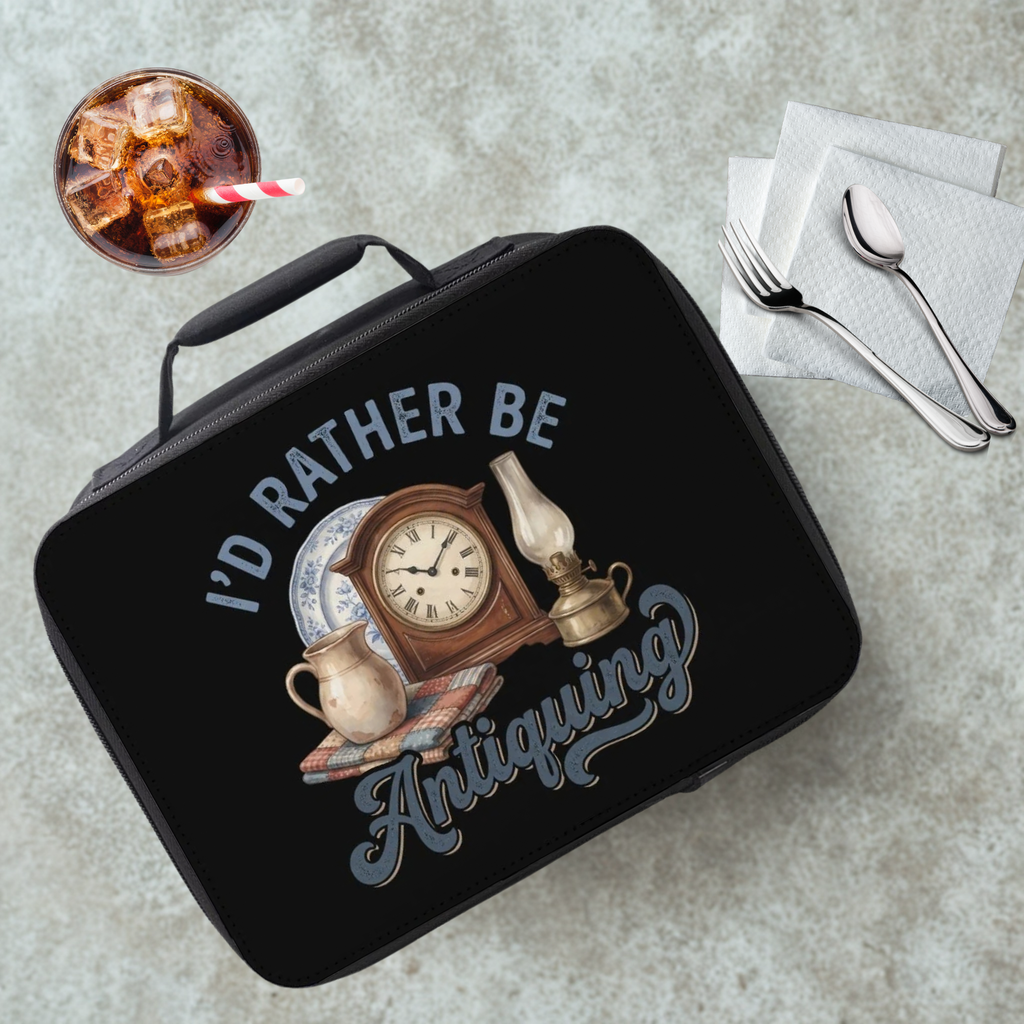 Black lunch box with 'I'd Rather Be Antiquing' design on a gray table with a drink and utensils.