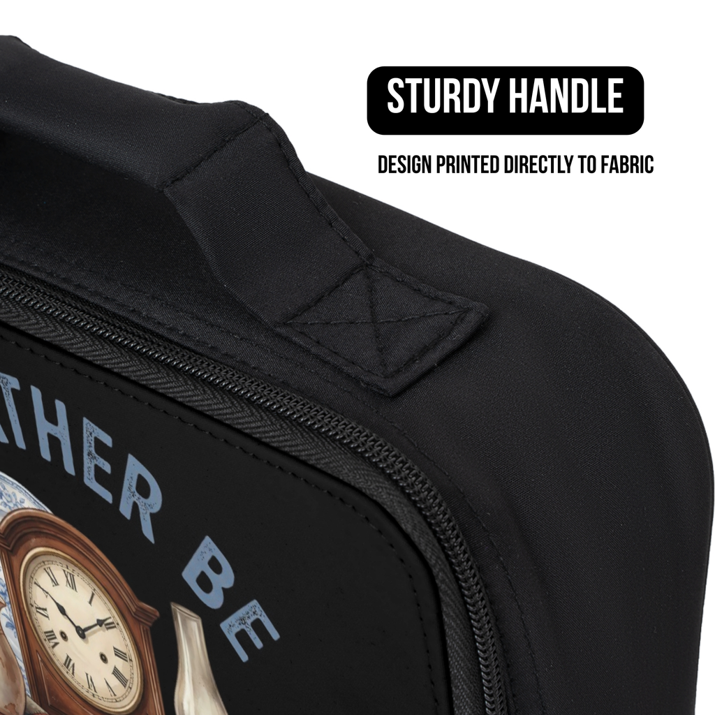 Black lunch bag with a handle and printed design, featuring text and an image of a clock.