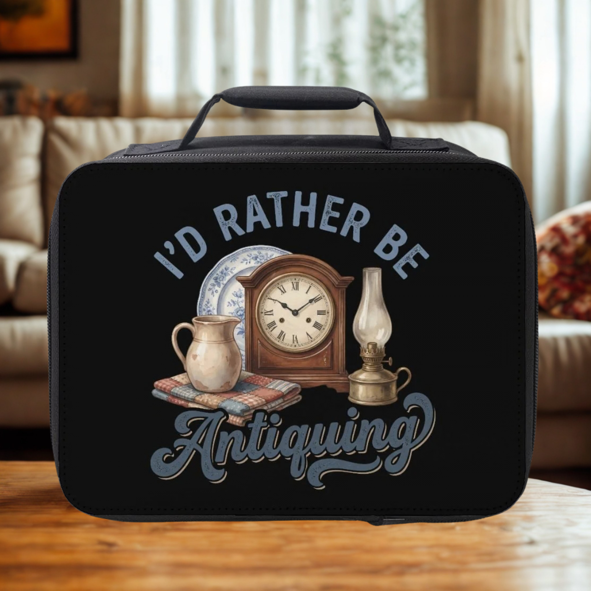 Black carrying case with 'I'd Rather Be Antiquing' design featuring a clock and lamp on a wooden table.