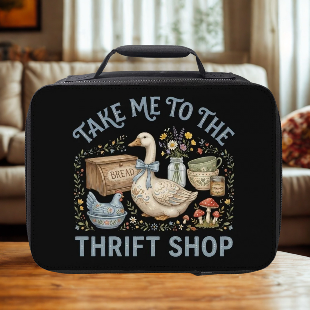 Black lunch bag with a goose design and text 'Take Me to the Thrift Shop' on a wooden table in a cozy living room.