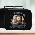 Black lunch bag with 'I'd Rather Be Antiquing' design featuring vintage items on a light background.