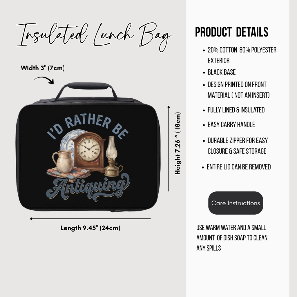 Black insulated lunch bag with vintage design and product details on a white background