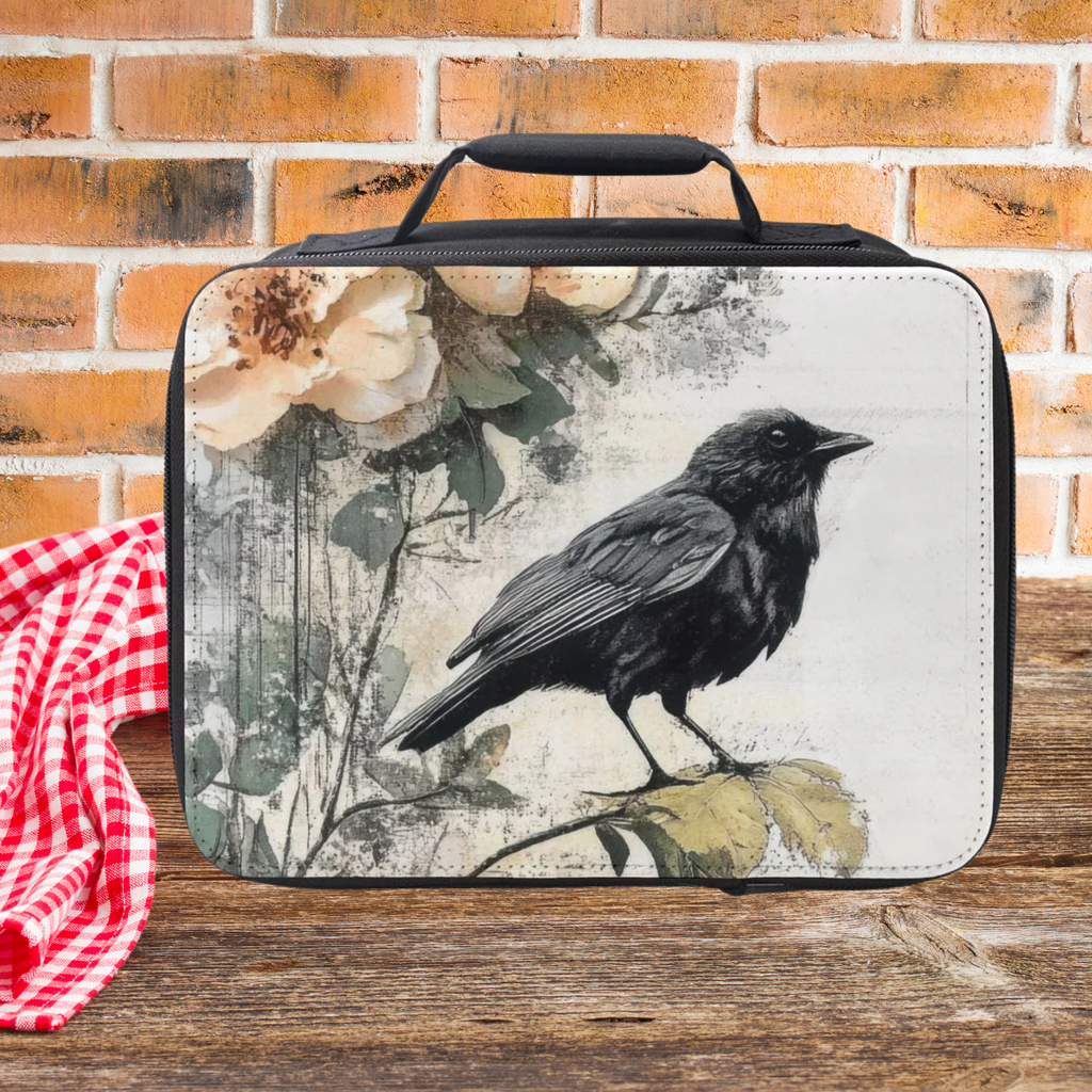 Lunch bag with a black bird design on a wooden surface and brick wall background