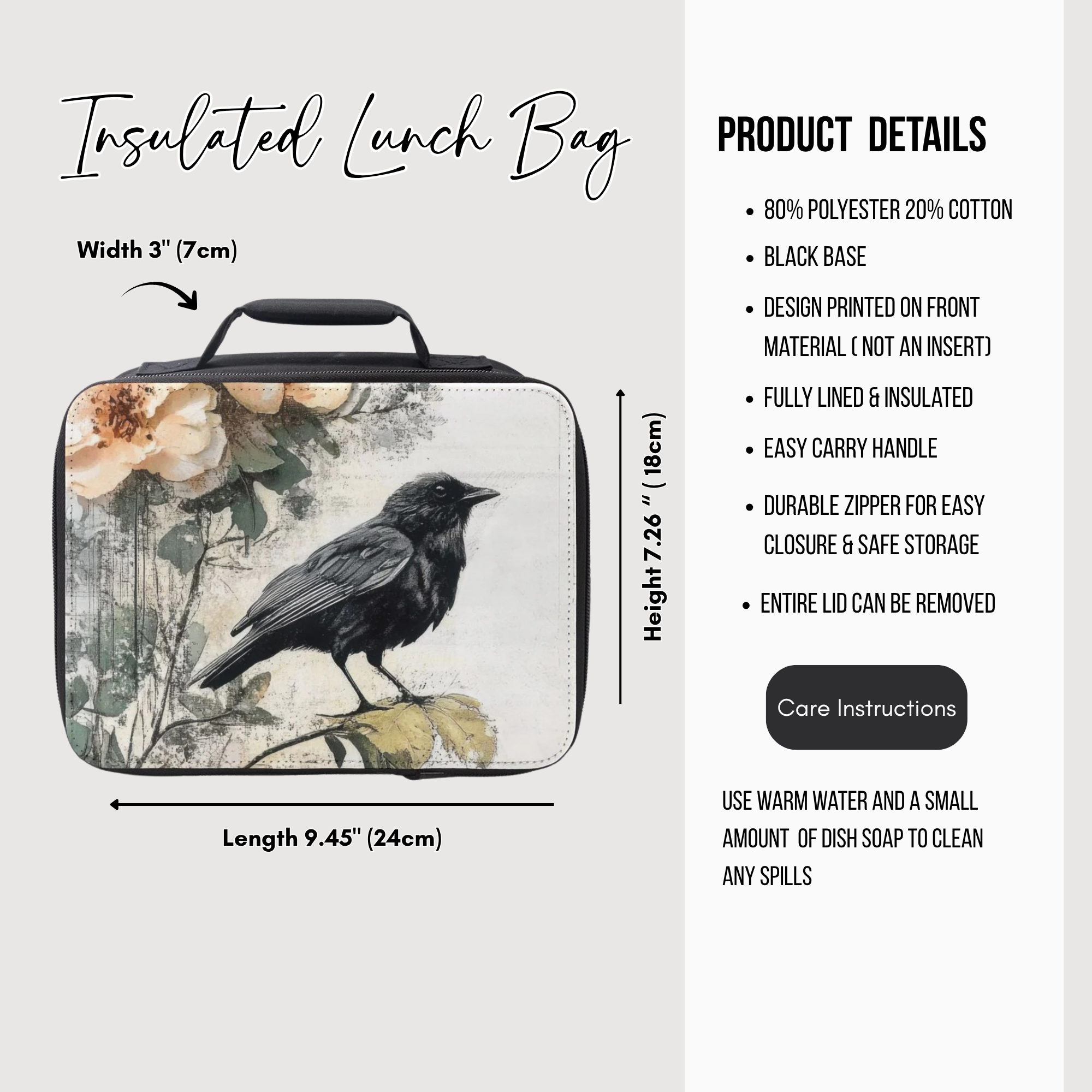 Insulated lunch bag with a black crow design on a white background