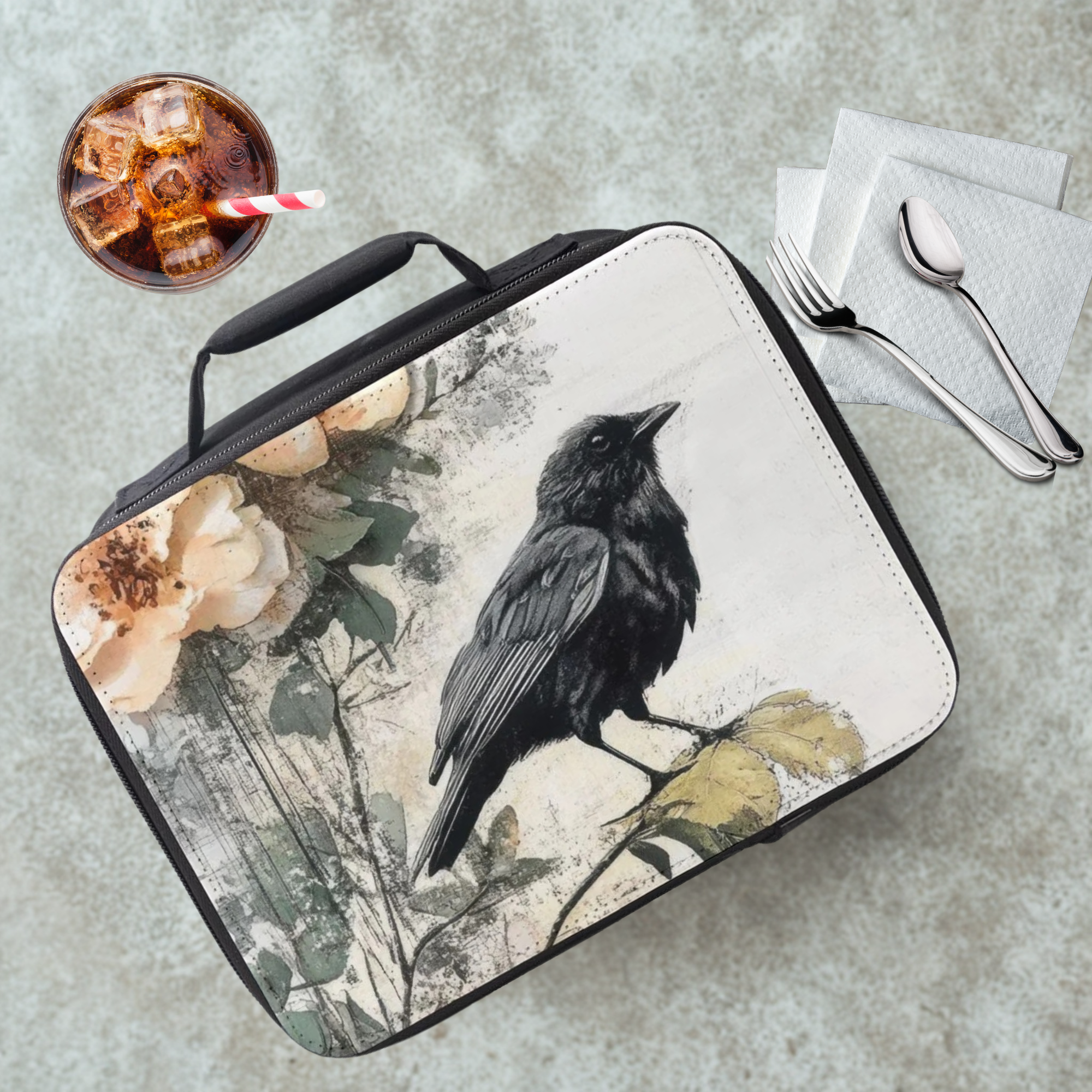 Lunch bag with a black bird design on a cafeteria table with a drink and utensils
