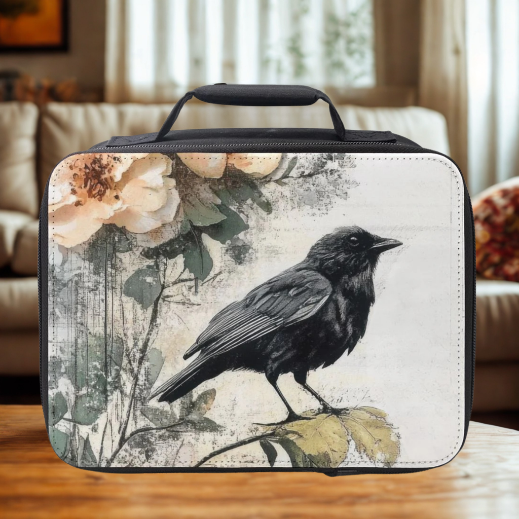 Rectangular bag with a black bird and floral design on a wooden coffee table in a living room