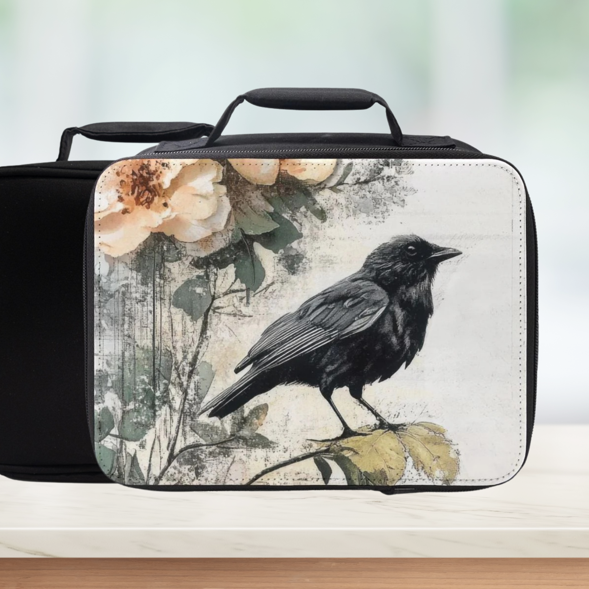 Black insulated lunch bag with a bird and floral design on a light background