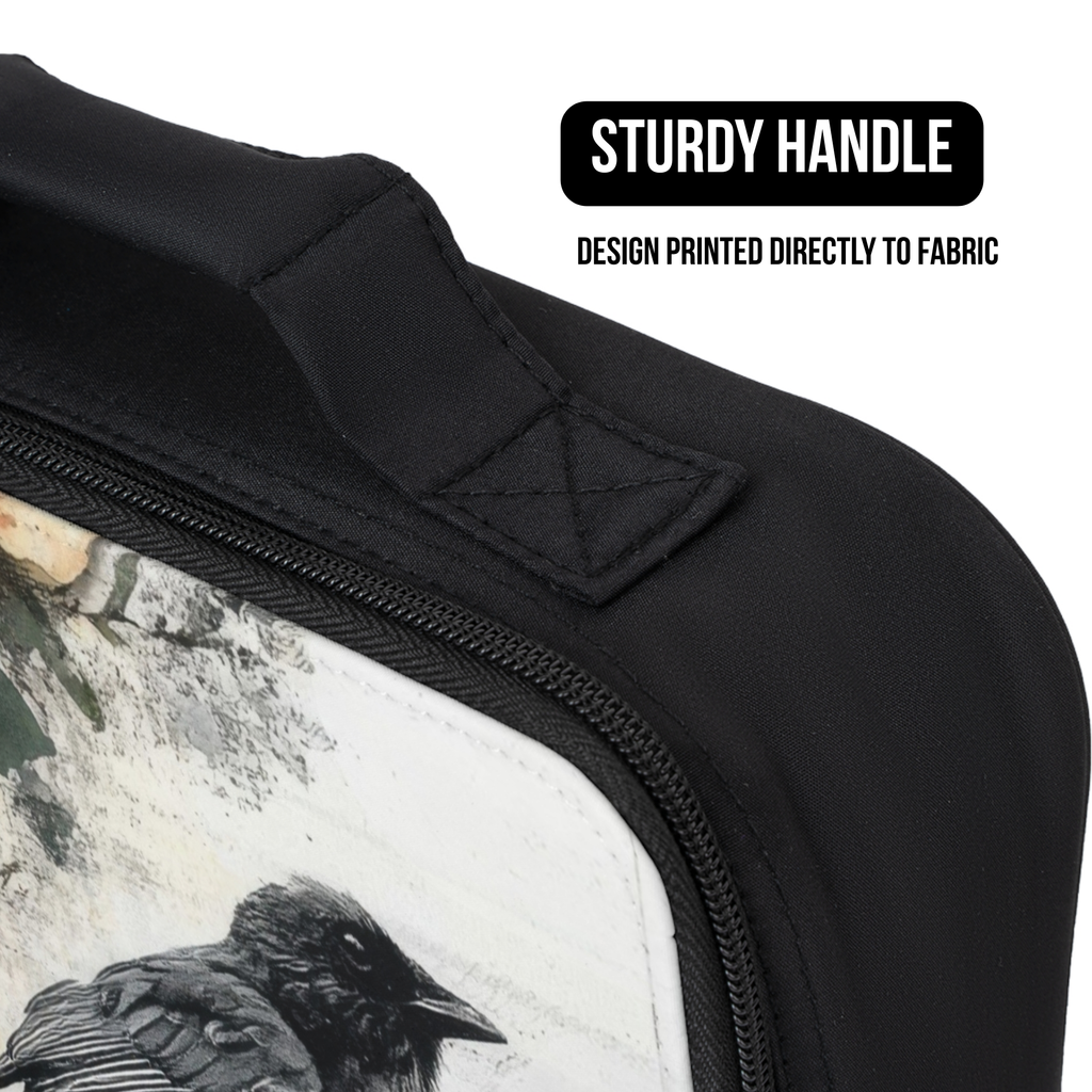 Black lunch bag with a black bird design and a sturdy handle, featuring text about fabric printing.