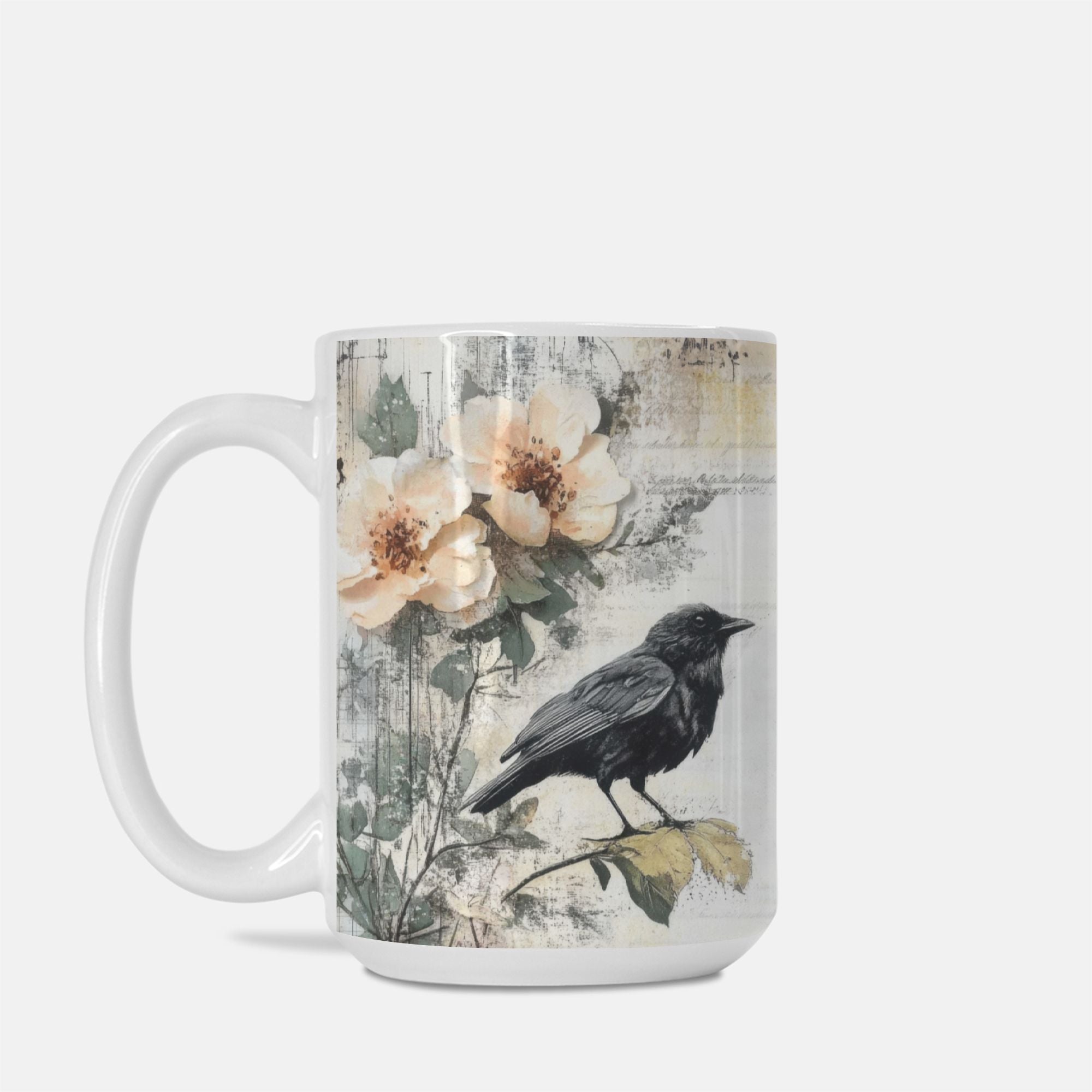 Mug with a design of a black bird and flowers on a white background