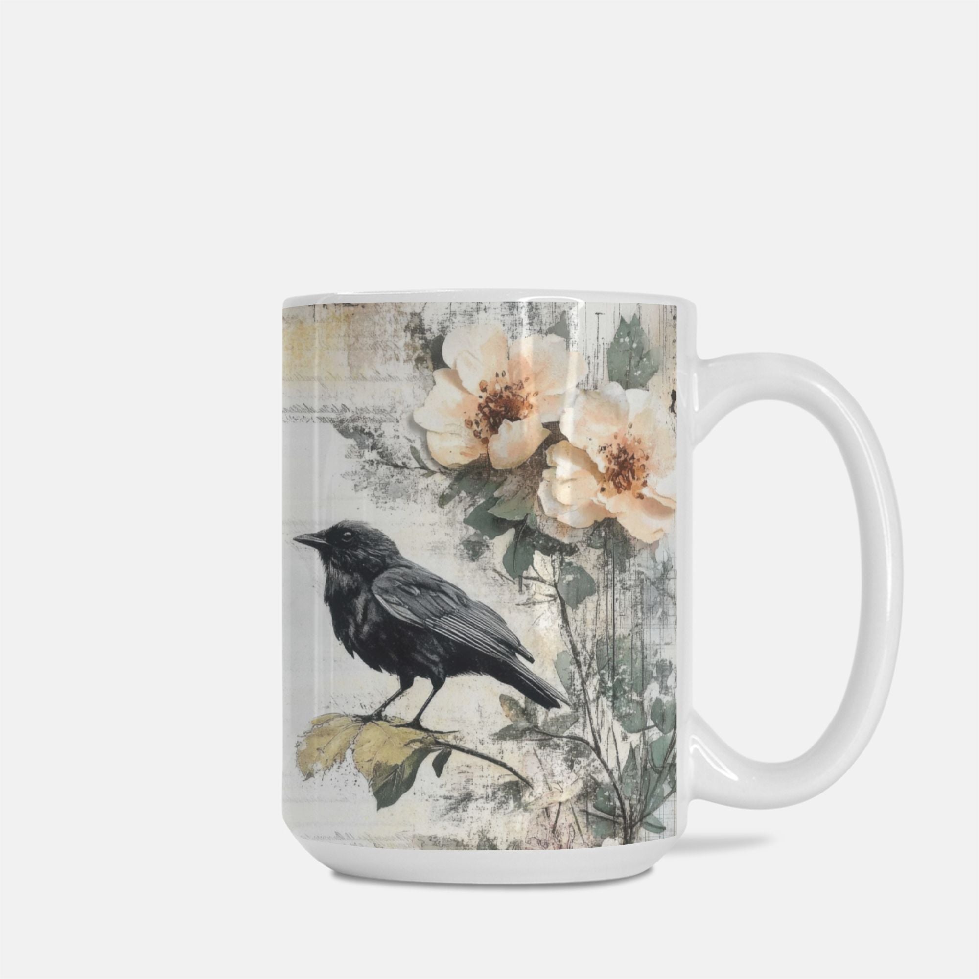 Mug with a design of a black bird and flowers on a white background