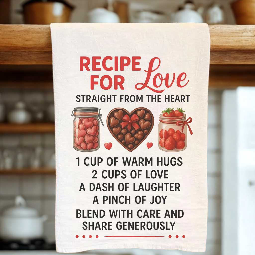 Kitchen towel with 'Recipe for Love' text and heart-themed graphics on a wooden rack.