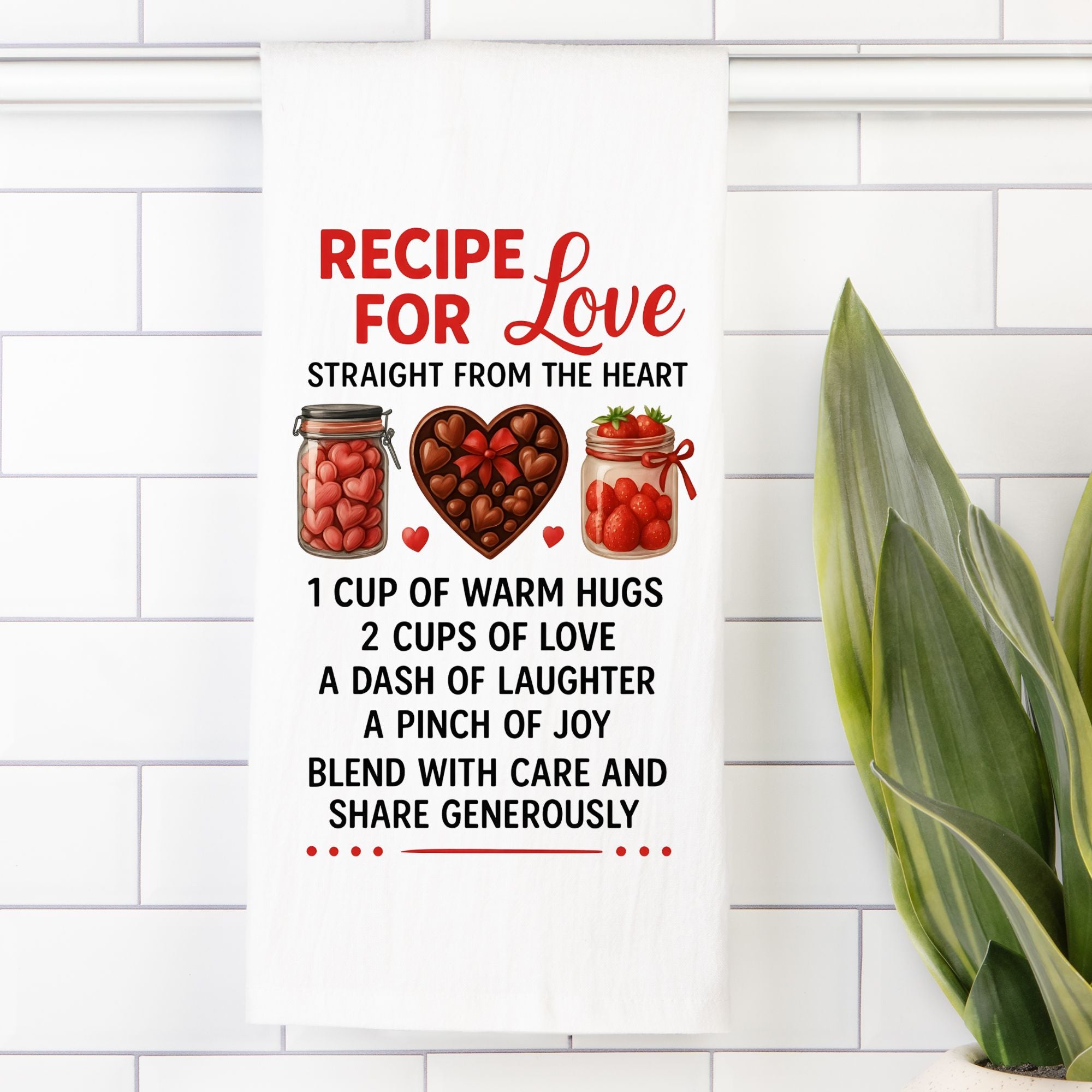 Tea towel with textual recipe for love with heart and jar illustrations on a white tiled background 
