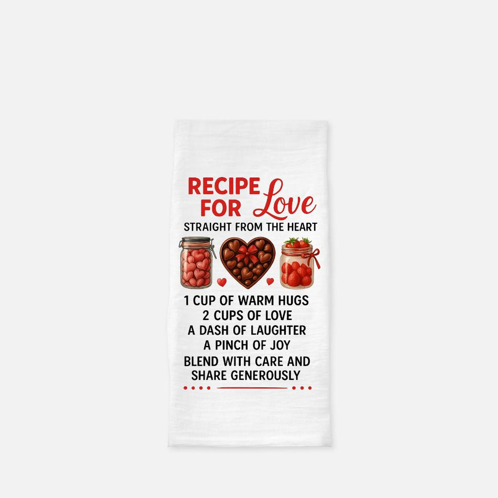 Towel with 'Recipe for Love' text and heart design on a white background