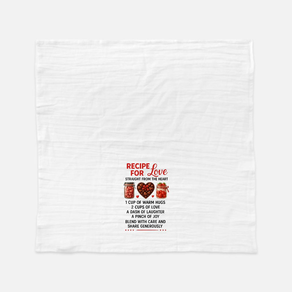 White towel with red and black text and graphics on a white background