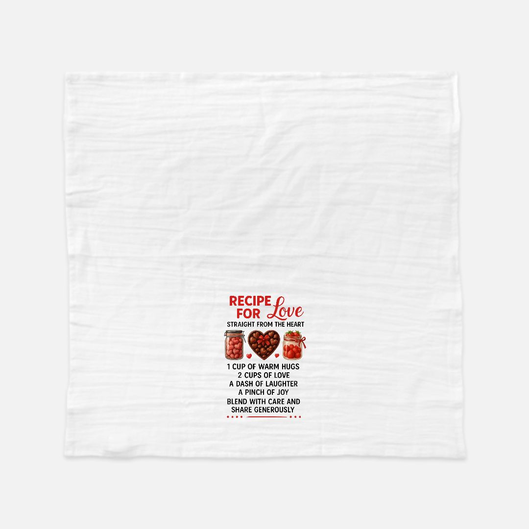 White towel with red and black text and graphics on a white background