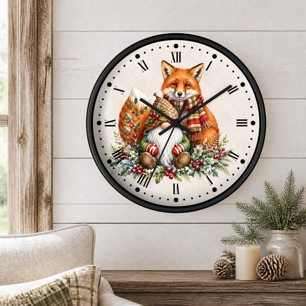 A round wall clock with a black frame and a festive illustration of a fox wrapped in a red and green striped scarf, surrounded by holiday greenery and ornaments, mounted on a white wood-paneled wall above a wooden table with decorative plants and candles.