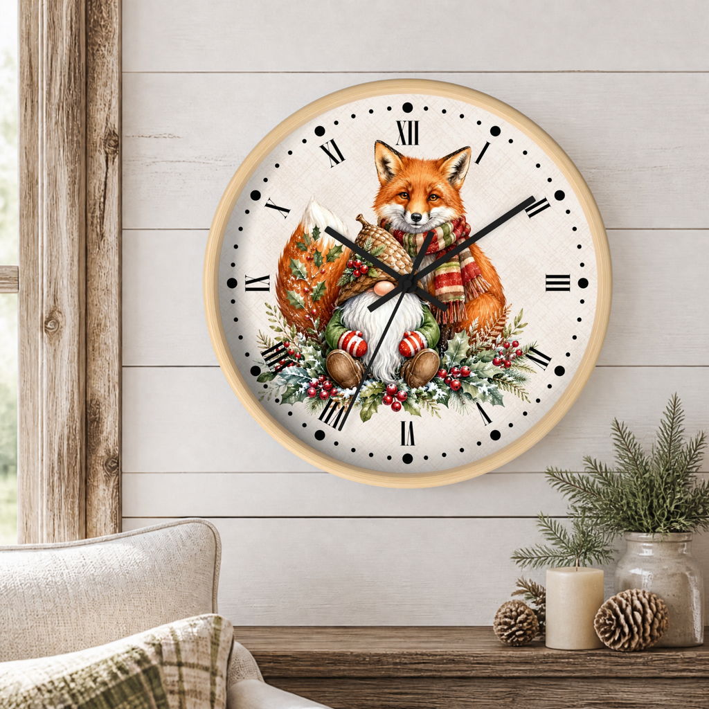 A round wall clock with a light wood frame hangs on a white shiplap wall above a rustic wooden table. The clock face features a detailed illustration of a red fox wearing a green and red plaid scarf, surrounded by a nut, pinecones, and holiday berries.