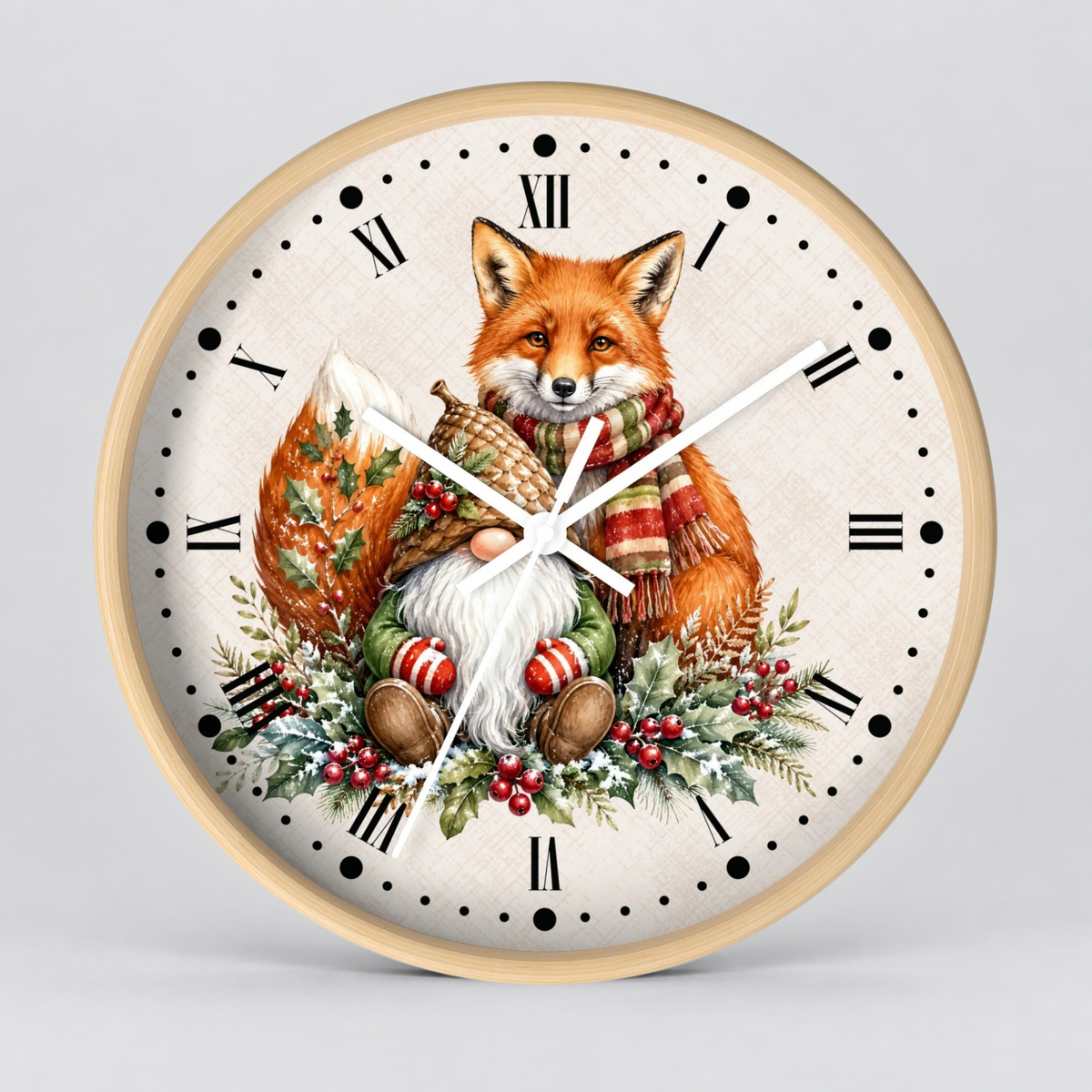 Round wall clock with a light wood frame and a festive illustration of a fox, Santa Claus, pine trees, and red berries on the clock face, set against a neutral gray background.